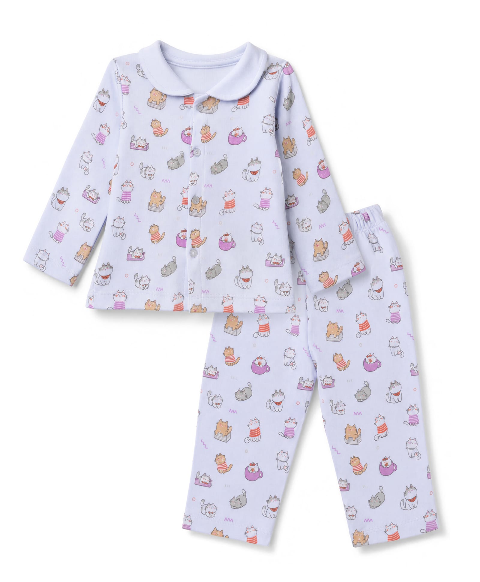Tango Fleece Knit Full Sleeves Co-Ords Shirt & Pyjama Winter Wear Night Suit with Cat Print -Light Blue-picture-21