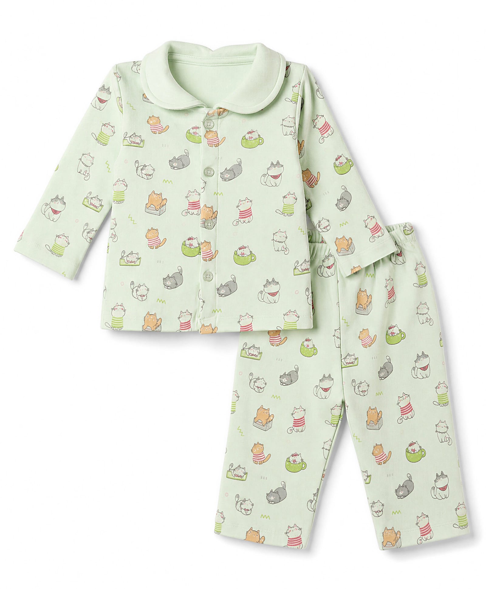 Tango Fleece Knit Full Sleeves Co-Ords Shirt & Pyjama Winter Wear Night Suit with Cat Print - Light Green-picture-44