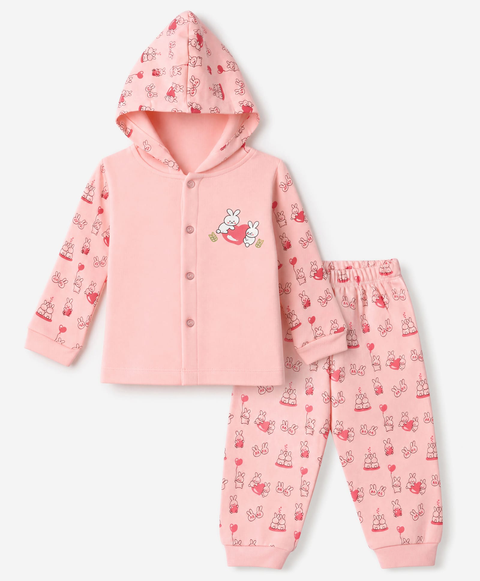 Tango Fleece Knit Full Sleeves Hooded T-Shirt & Pyjama Winter Wear Night Suit with Bunny & Heart Print - Pink-picture-23