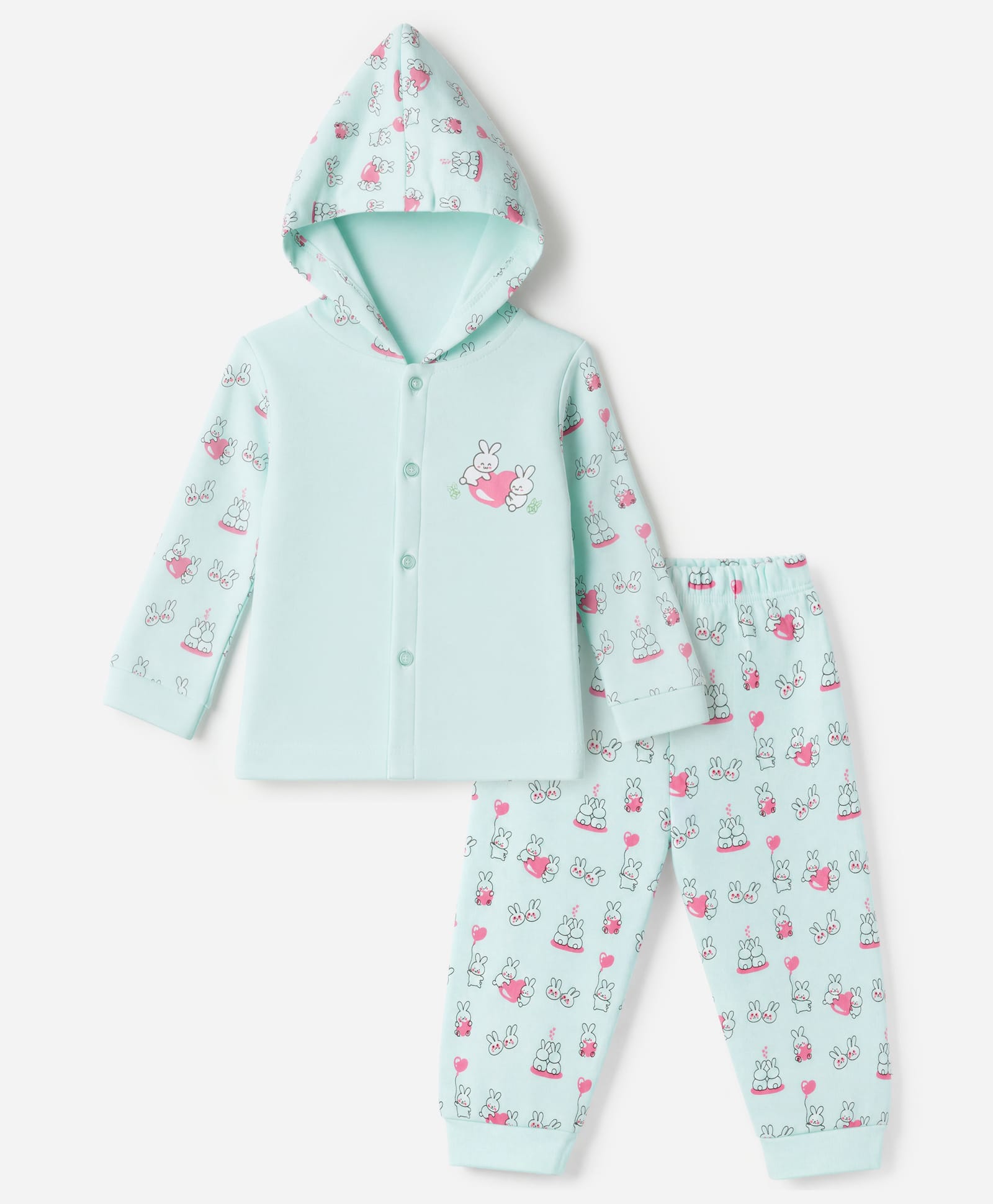 Tango Fleece Knit Full Sleeves Hooded T-Shirt & Pyjama Winter Wear Night Suit with Bunny & Heart Print - Aqua Blue-picture-8