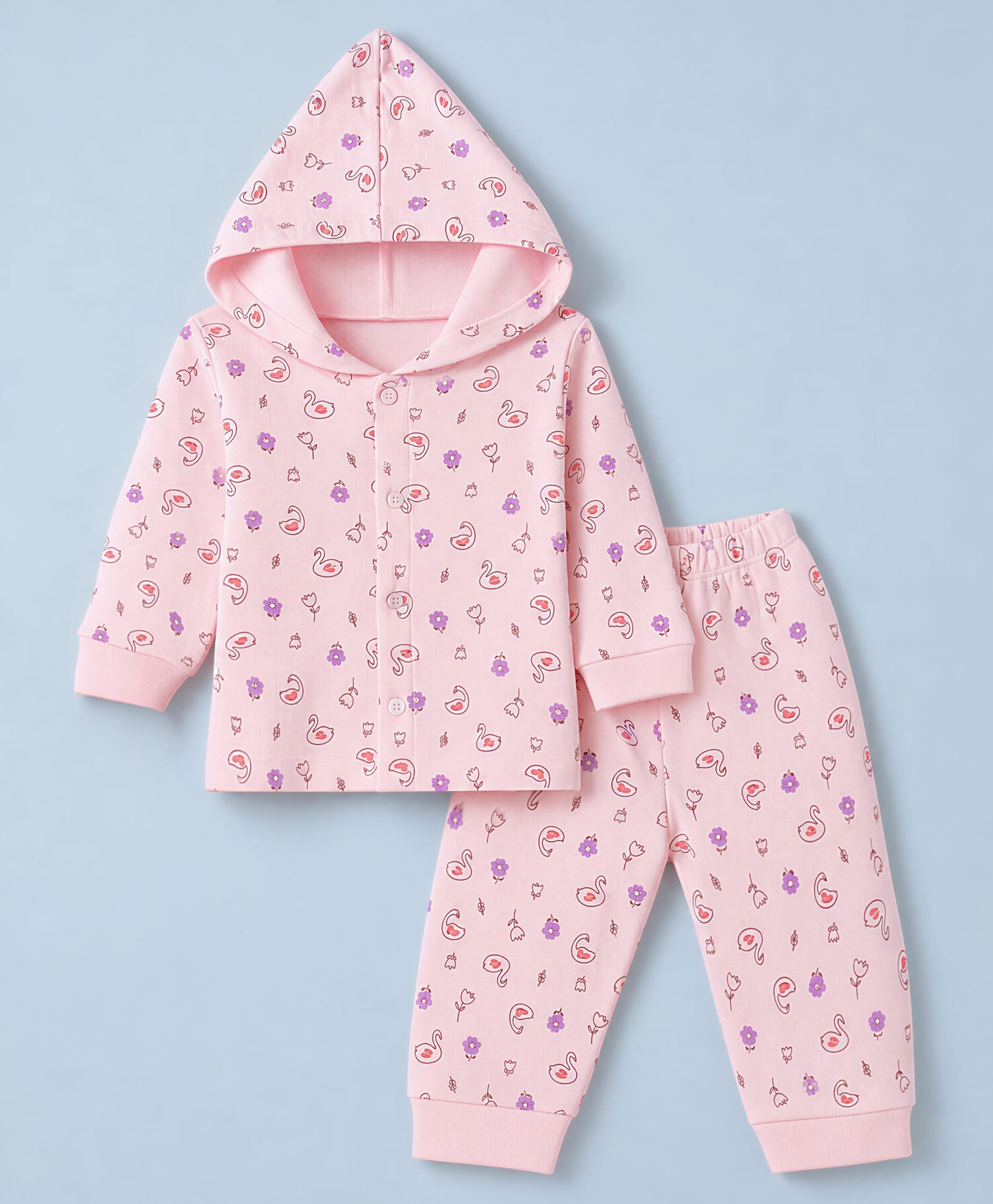 Tango Fleece Knit Full Sleeves Co-Ords Hooded T-Shirt & Pyjama Winter Wear Night Suit with Swan & Floral Print - Pink-picture-24