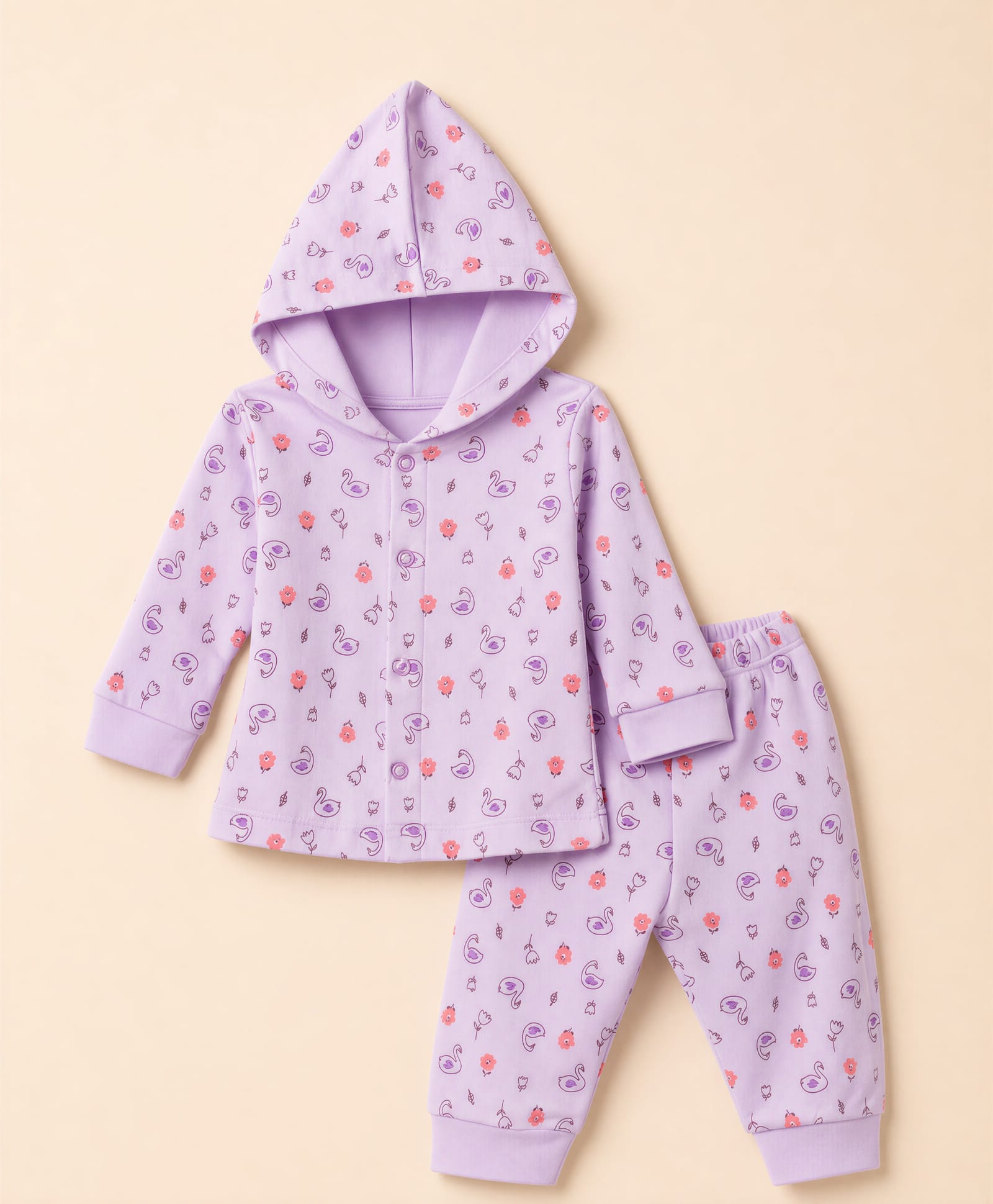 Tango Fleece Knit Full Sleeves Co-Ords Hooded T-Shirt & Pyjama Winter Wear Night Suit with Swan & Floral Print - Purple-picture-42