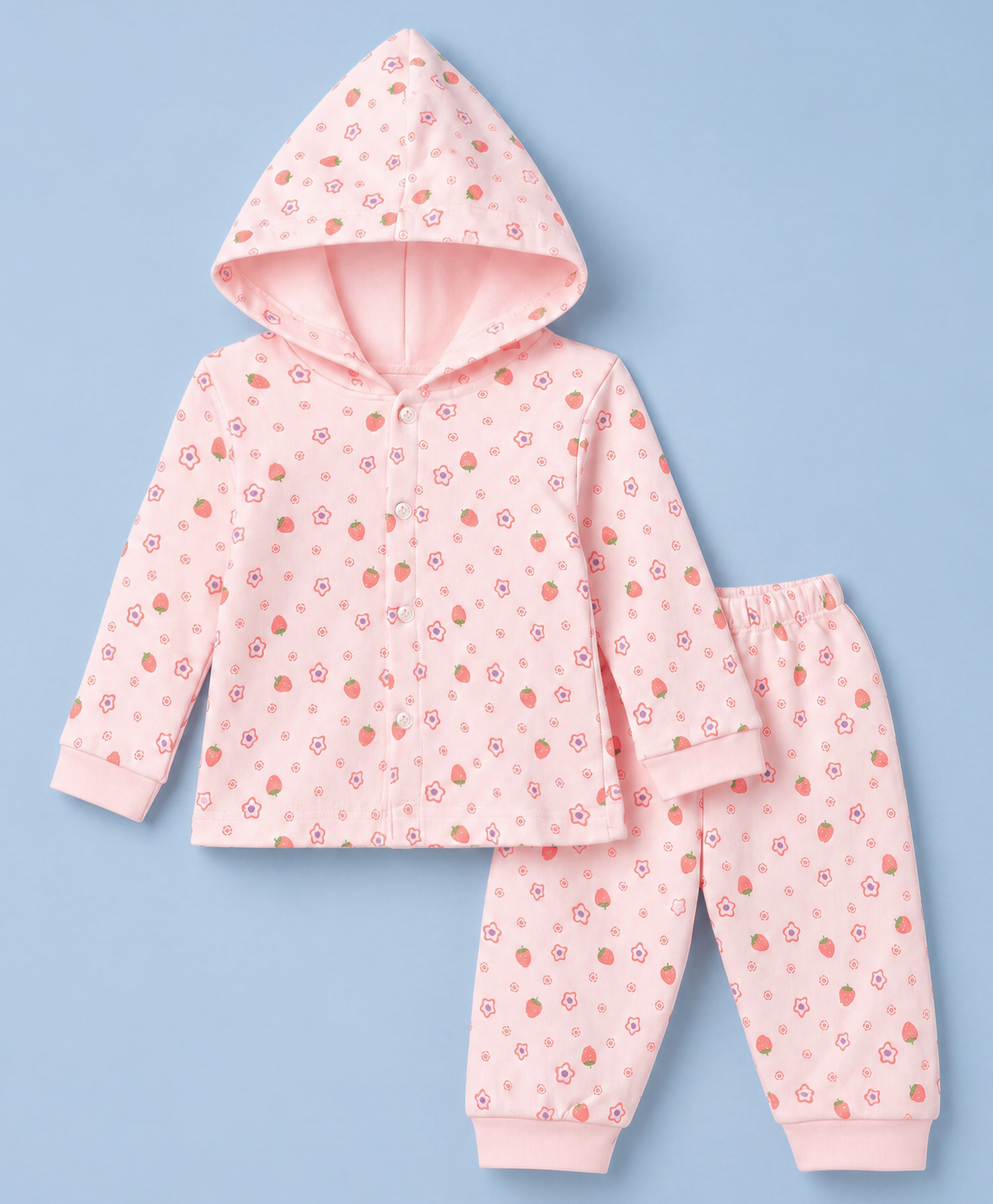 Tango Fleece Knit Full Sleeves Co-Ords Hooded T-Shirt & Pyjama Winter Wear Night Suit with Floral & Strawberry Print - Pink-picture-17