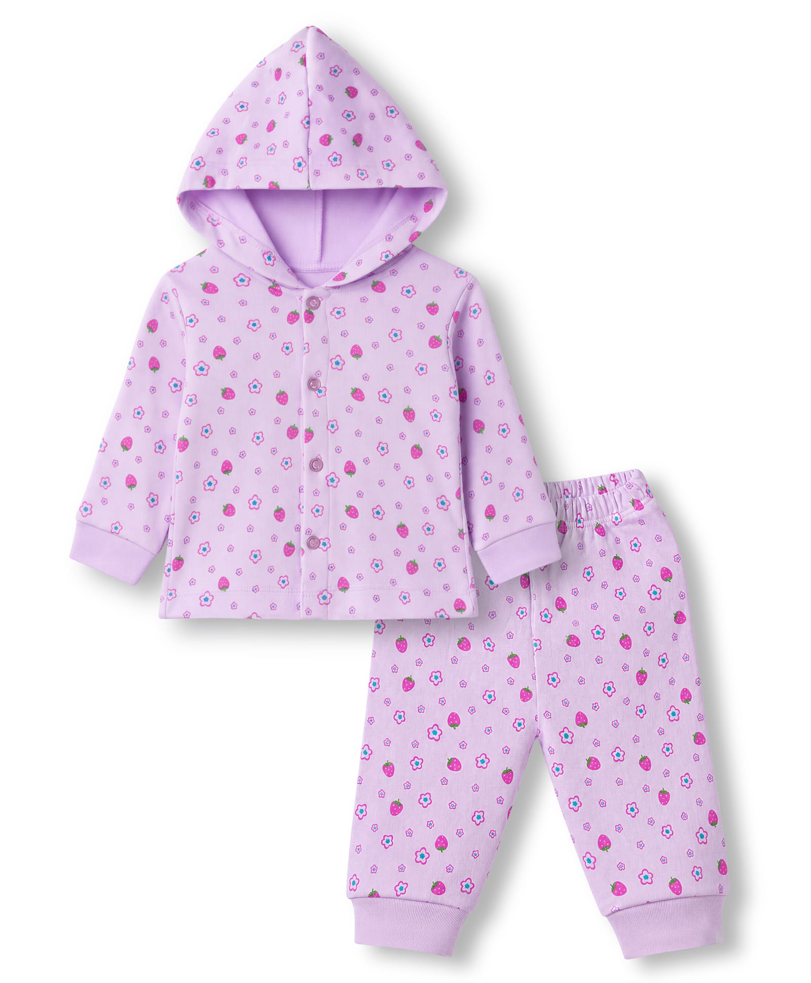 Tango Fleece Knit Full Sleeves Co-Ords Hooded T-Shirt & Pyjama Winter Wear Night Suit with Floral & Strawberry Print - Purple-picture-41