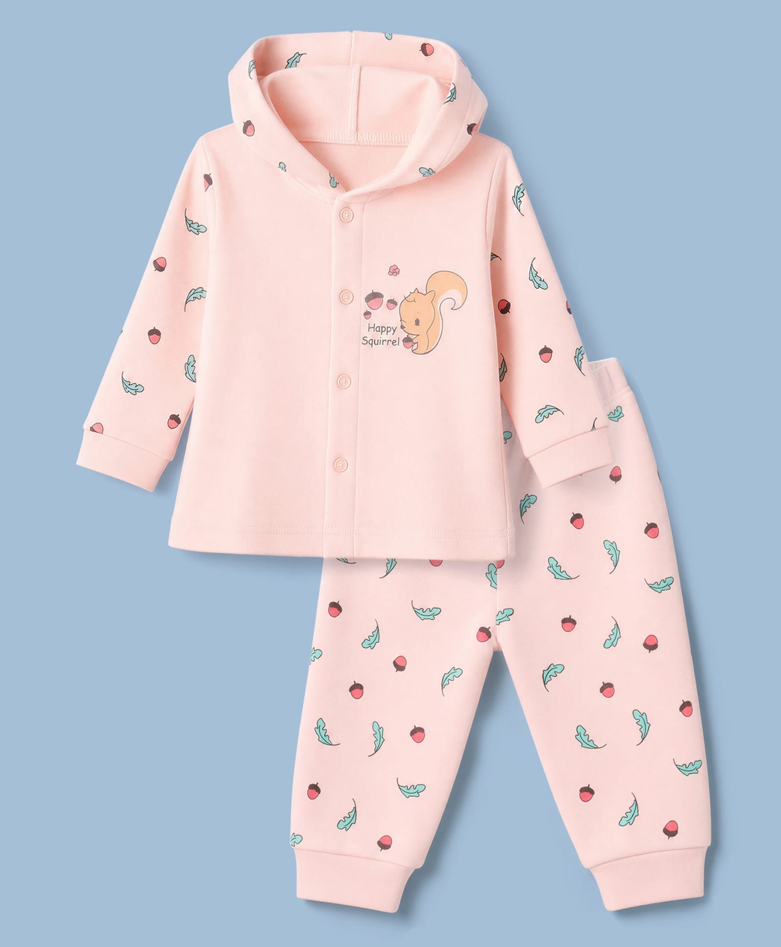 Tango Fleece Knit Full Sleeves Hooded T-Shirt & Pyjama Winter Wear Night Suit with Happy Squirrel & Strawberry Print - Pink-picture-29