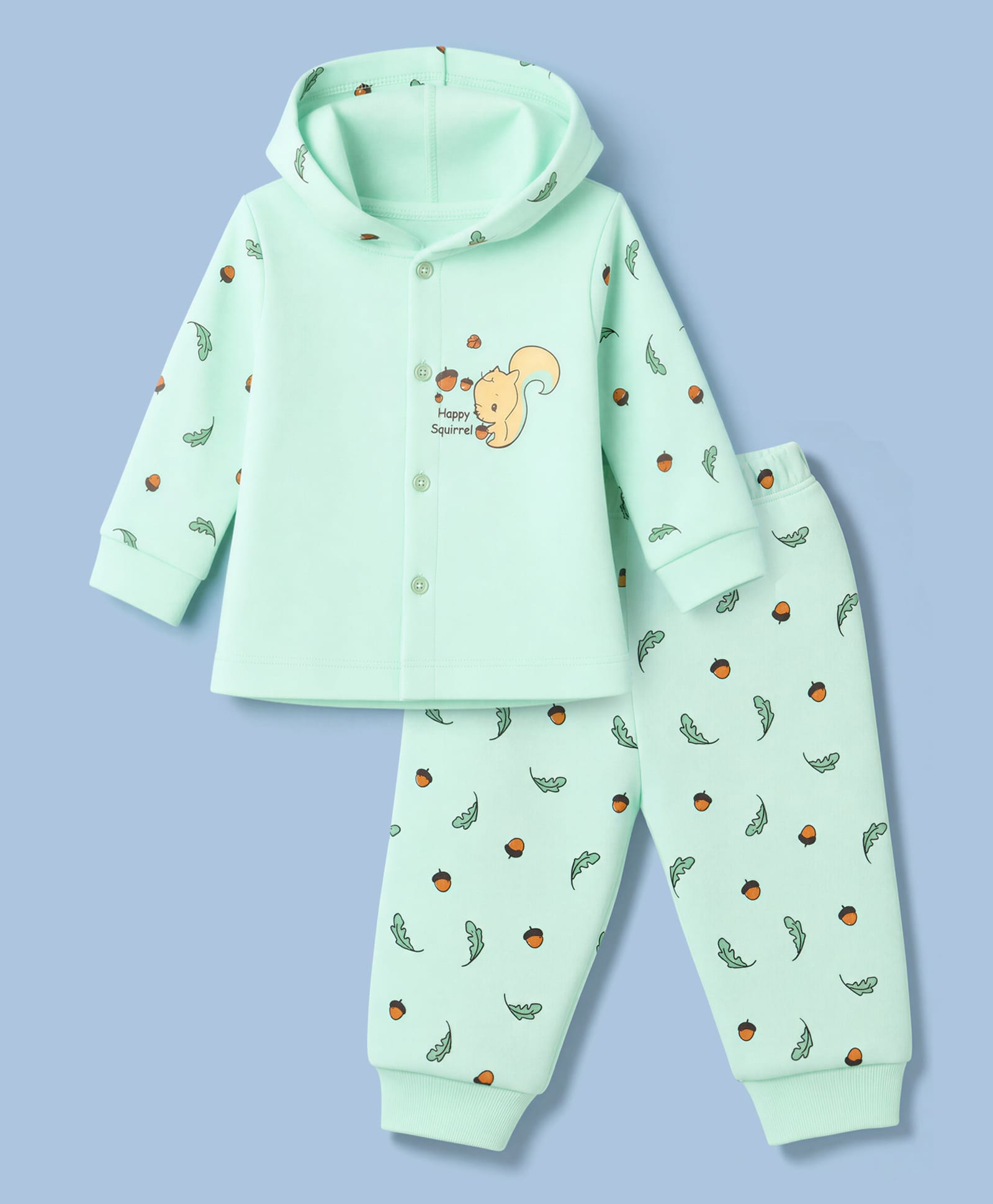 Tango Fleece Knit Full Sleeves Hooded T-Shirt & Pyjama Winter Wear Night Suit with Happy Squirrel & Strawberry Print - Sea Green-picture-18