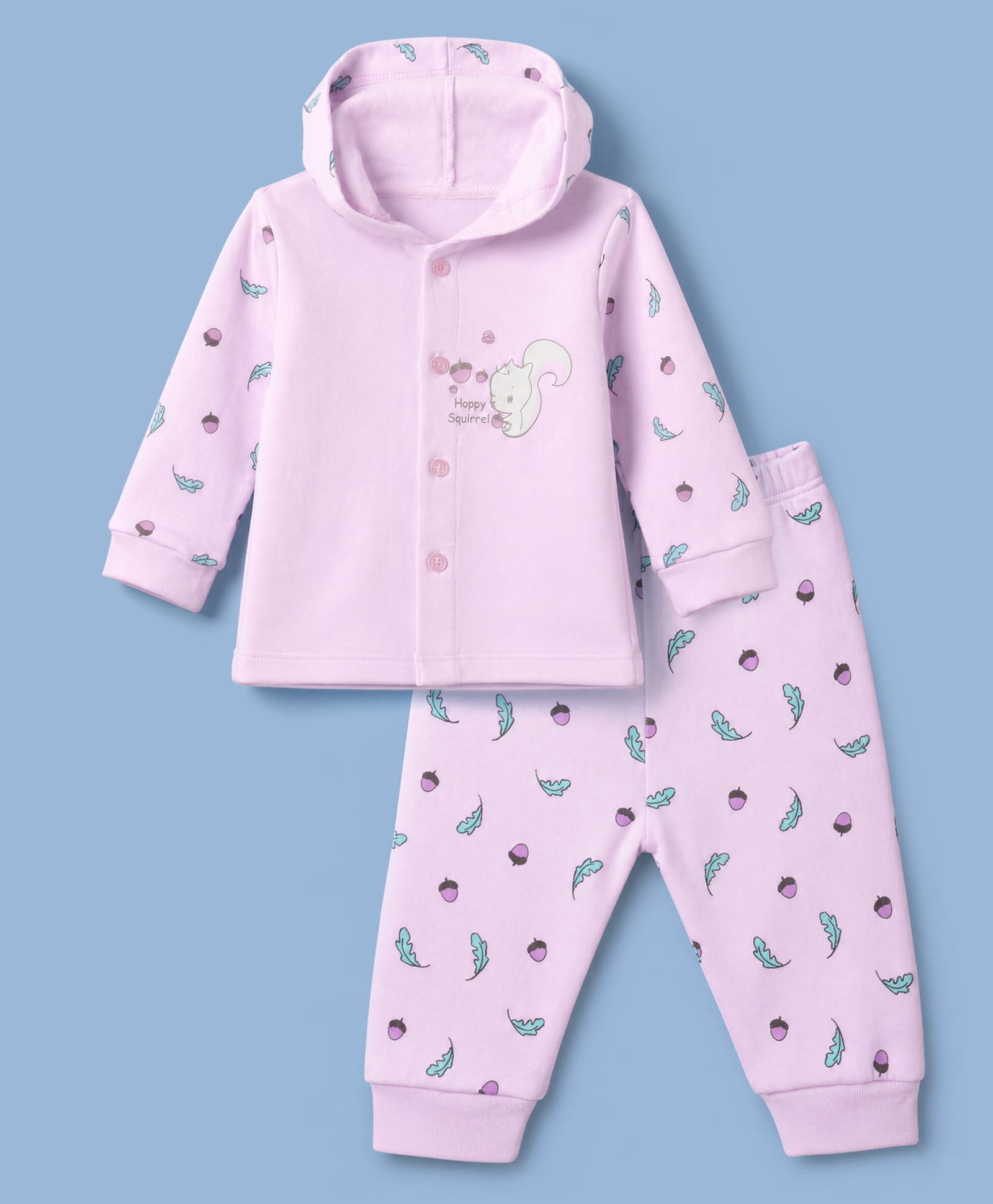 Tango Fleece Knit Full Sleeves Hooded T-Shirt & Pyjama Winter Wear Night Suit with Happy Squirrel & Strawberry Print - Purple-picture-20