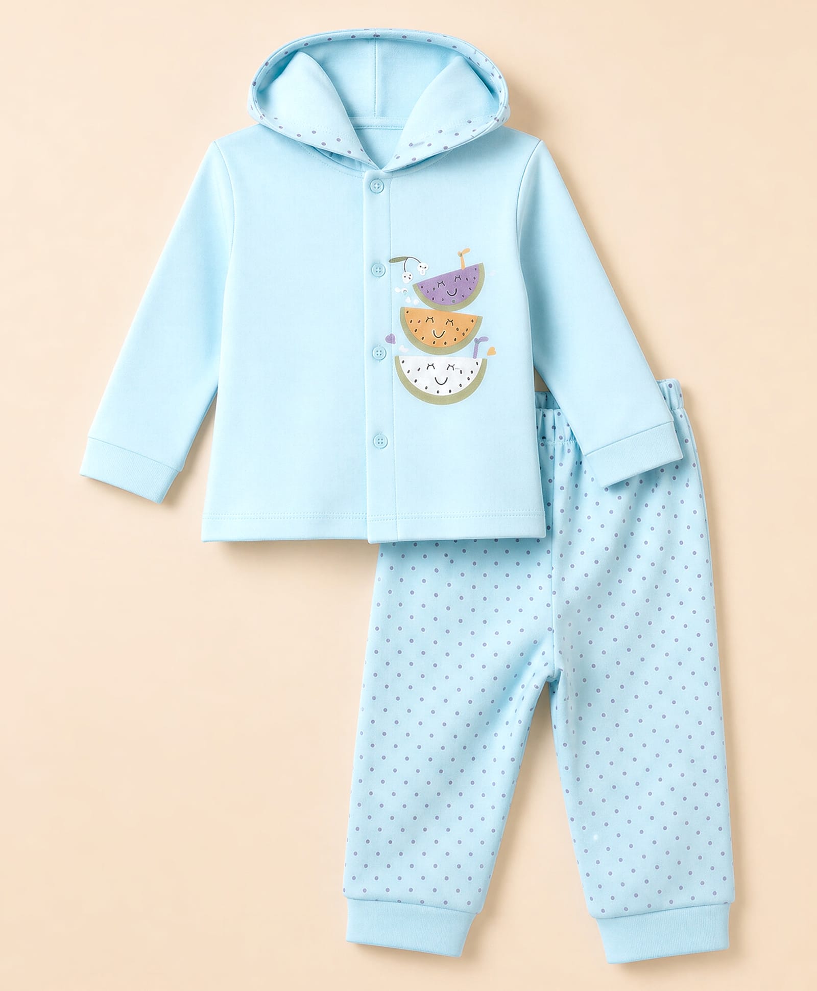 Tango Fleece Knit Full Sleeves Hooded T-Shirt & Pyjama Winter Wear Night Suit with Polka Dots & Watermelon Print - Aqua Blue-picture-43