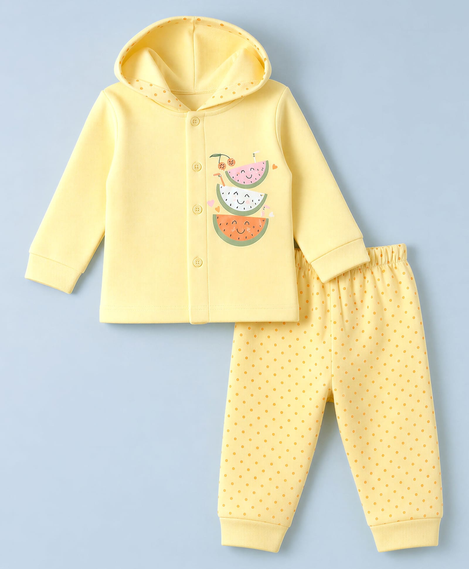 Tango Fleece Knit Full Sleeves Hooded T-Shirt & Pyjama Winter Wear Night Suit with Polka Dots & Watermelon Print - Yellow-picture-8