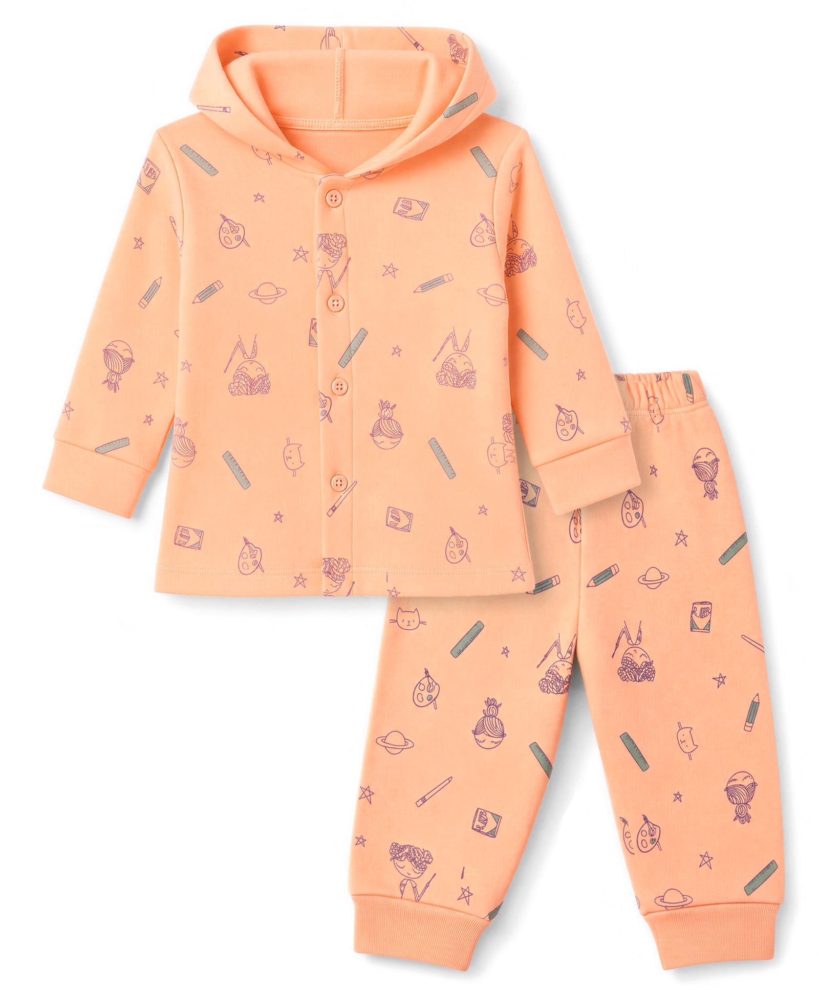 Tango Fleece Knit Full Sleeves Co-Ords Hooded T-Shirt & Pyjama Winter Wear Night Suit with Stationery & Space Theme Print - Orange-image-43