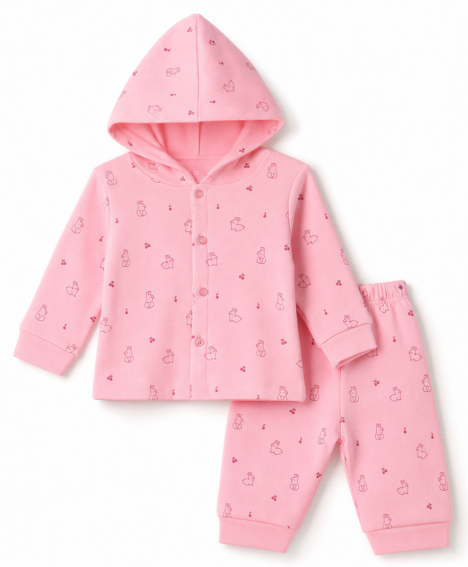 Tango Fleece Knit Full Sleeves Co-Ords Hooded T-Shirt & Pyjama Winter Wear Night Suit with Animal & Cherry Print - Pink-image-9