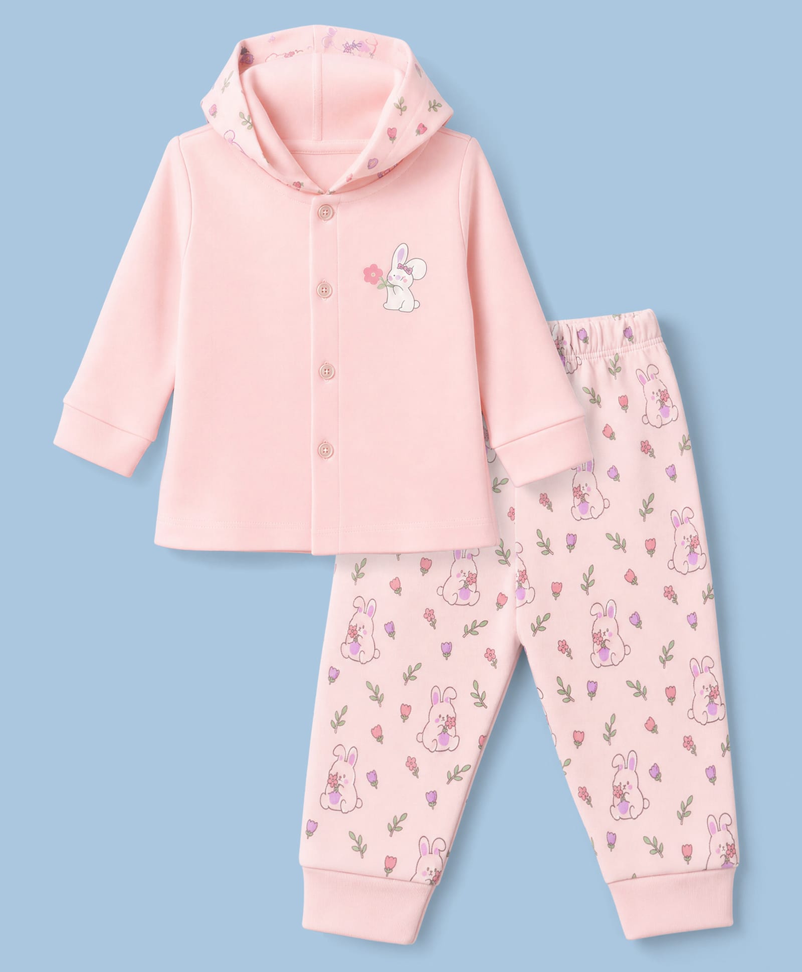 Tango Fleece Knit Full Sleeves Hooded T-Shirt & Pyjama Winter Wear Night Suit with Bunny & Floral Print - Pink-picture-13