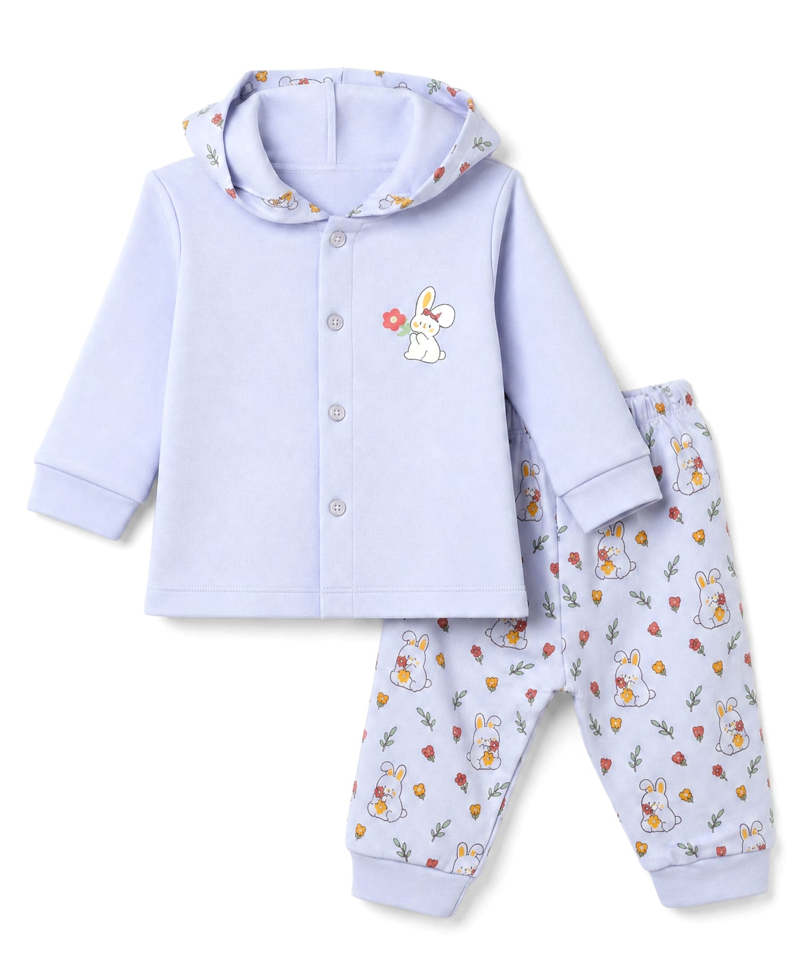 Tango Fleece Knit Full Sleeves Hooded T-Shirt & Pyjama Winter Wear Night Suit with Bunny & Floral Print - Light Blue-picture-15