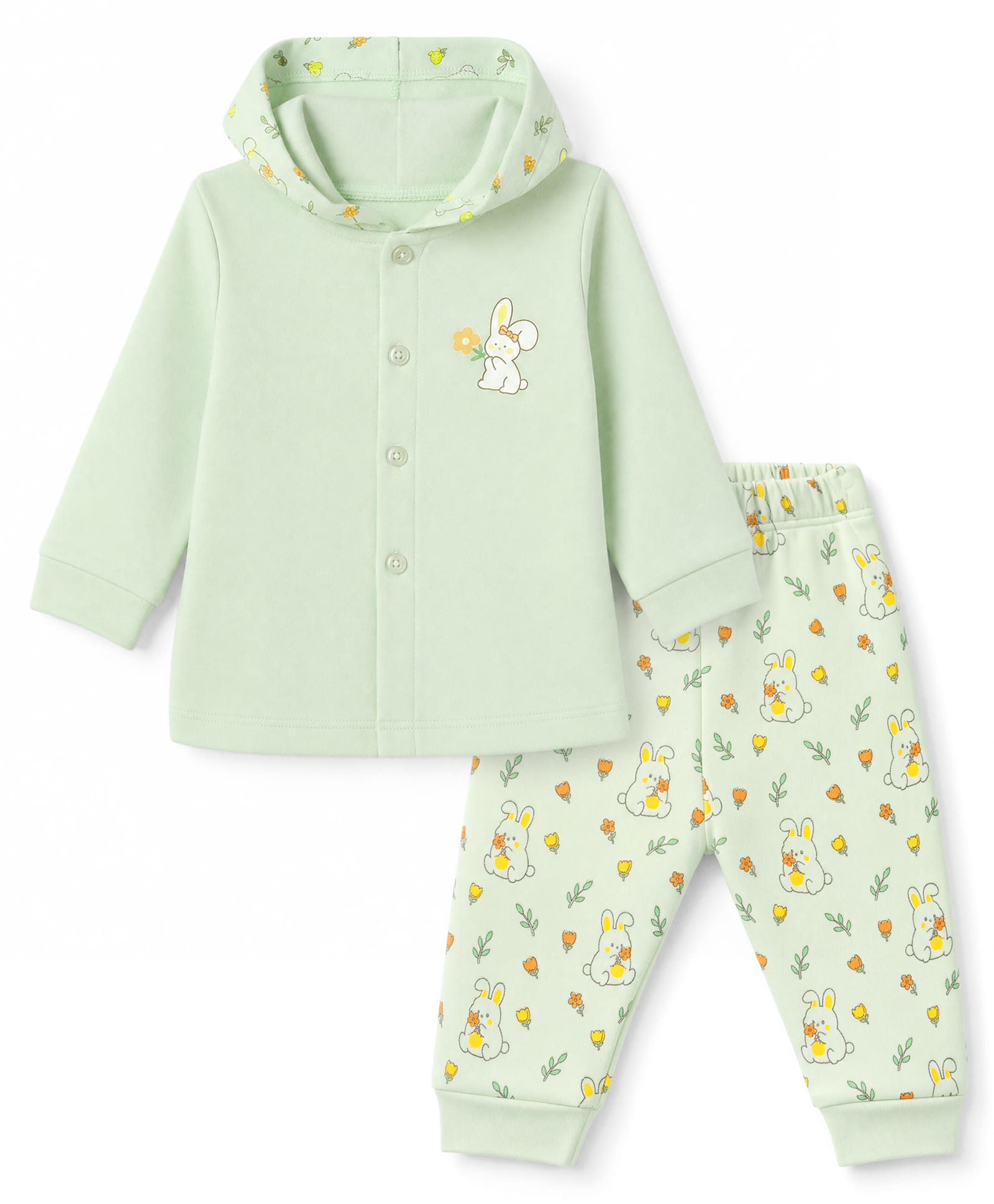 Tango Fleece Knit Full Sleeves Hooded T-Shirt & Pyjama Winter Wear Night Suit with Bunny & Floral Print - Light Green-picture-22