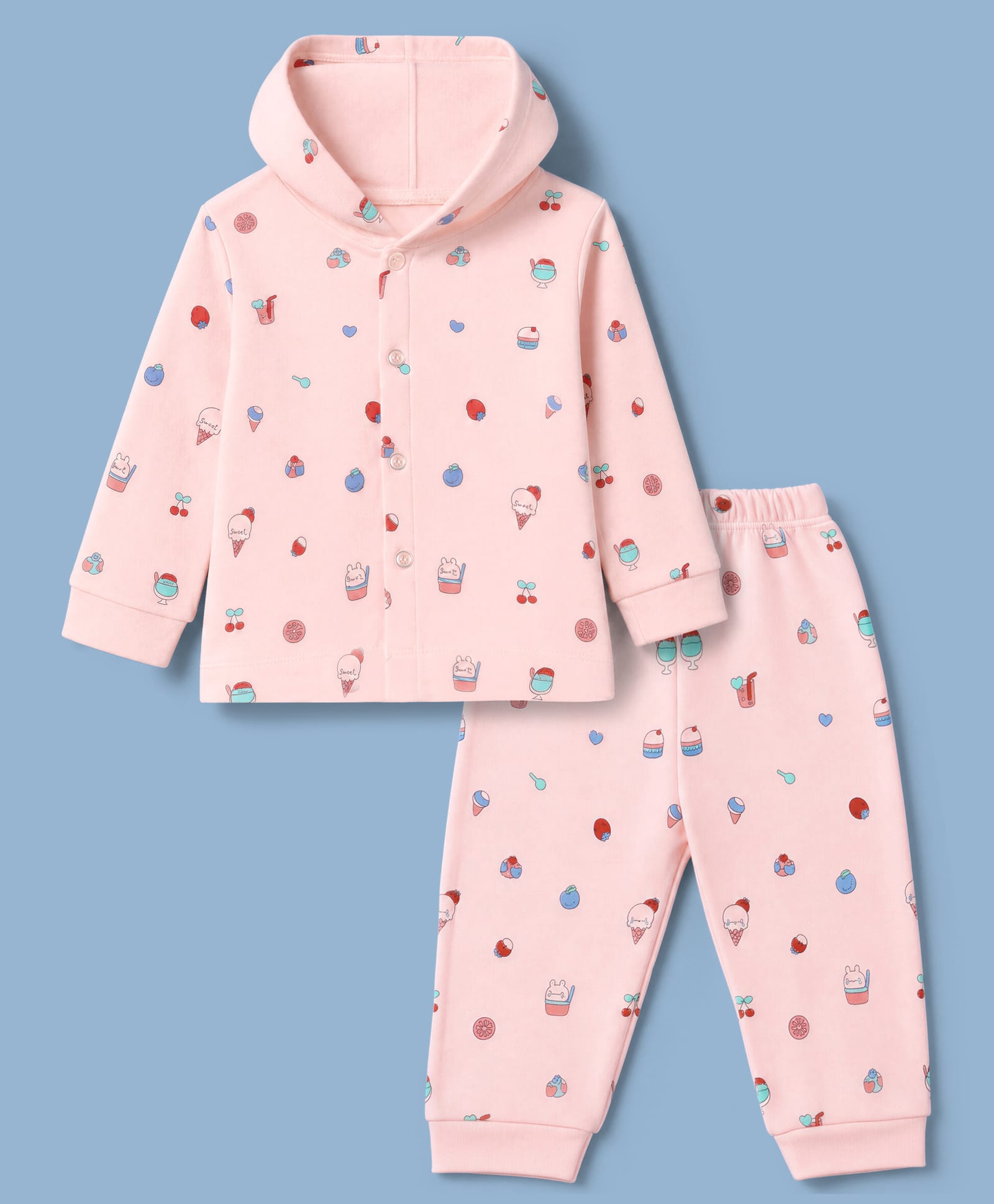 Tango Fleece Knit Full Sleeves Co-Ords Hooded T-Shirt & Pyjama Winter Wear Night Suit with Ice-Cream & Strawberry Print - Pink-picture-36