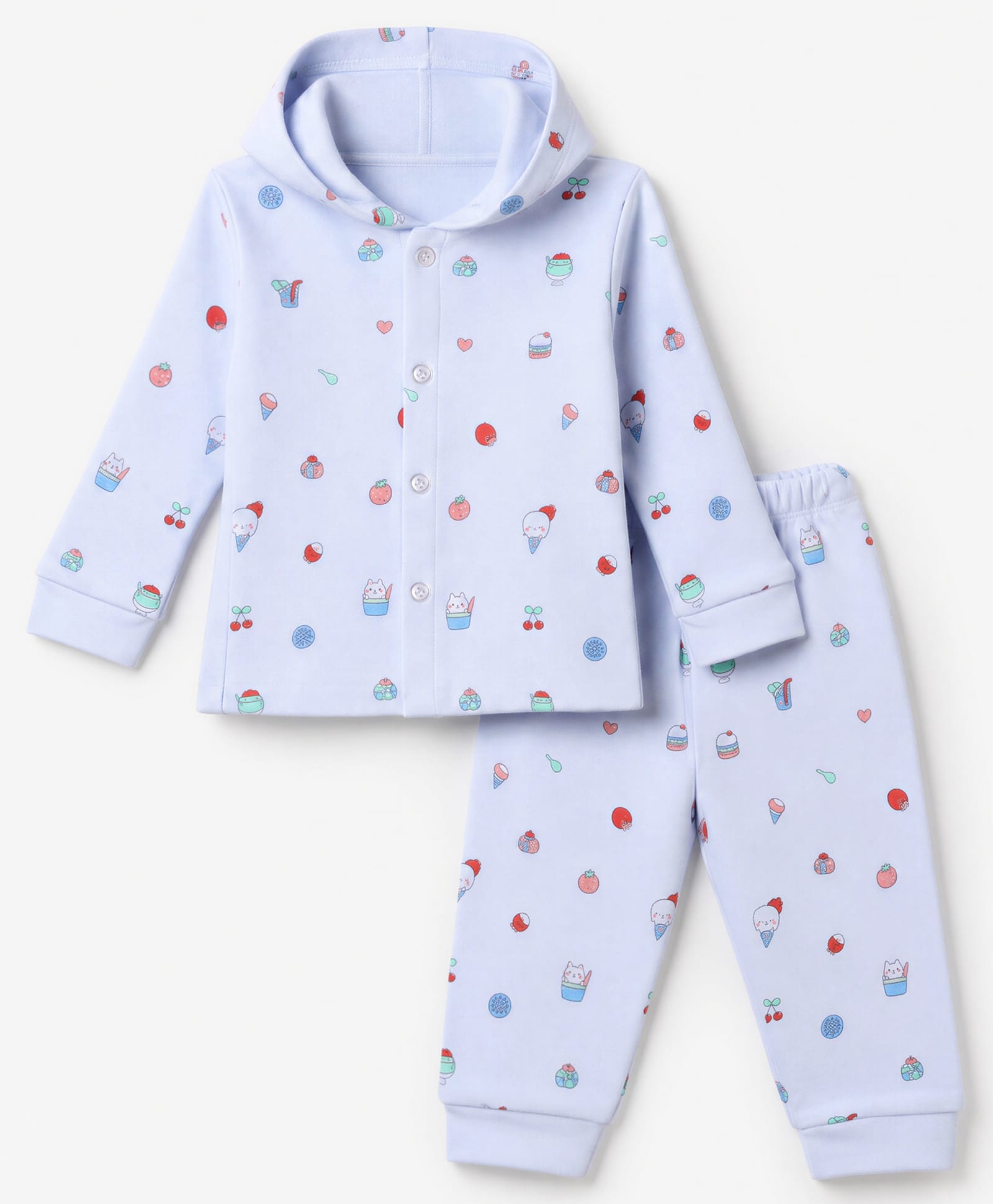 Tango Fleece Knit Full Sleeves Co-Ords Hooded T-Shirt & Pyjama Winter Wear Night Suit with Ice-Cream & Strawberry Print - Sky Blue-picture-44