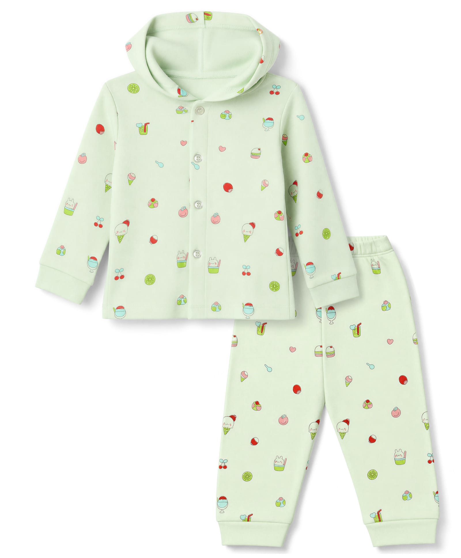 Tango Fleece Knit Full Sleeves Co-Ords Hooded T-Shirt & Pyjama Winter Wear Night Suit with Ice-Cream & Strawberry Print - Light Green-picture-19