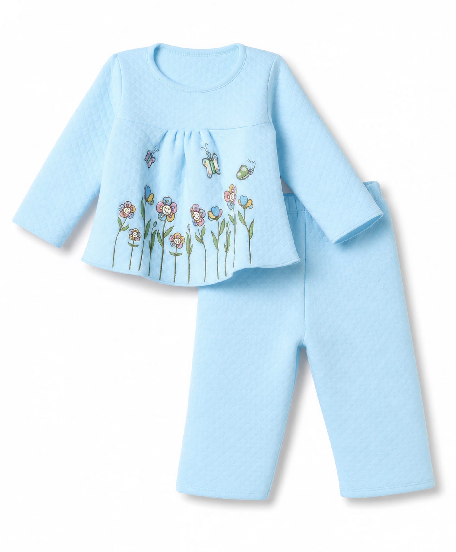 Tango Knit Full Sleeves Quilted T-Shirt & Pyjama Winter Wear Night Suit with Floral Print - Sky Blue-picture-47