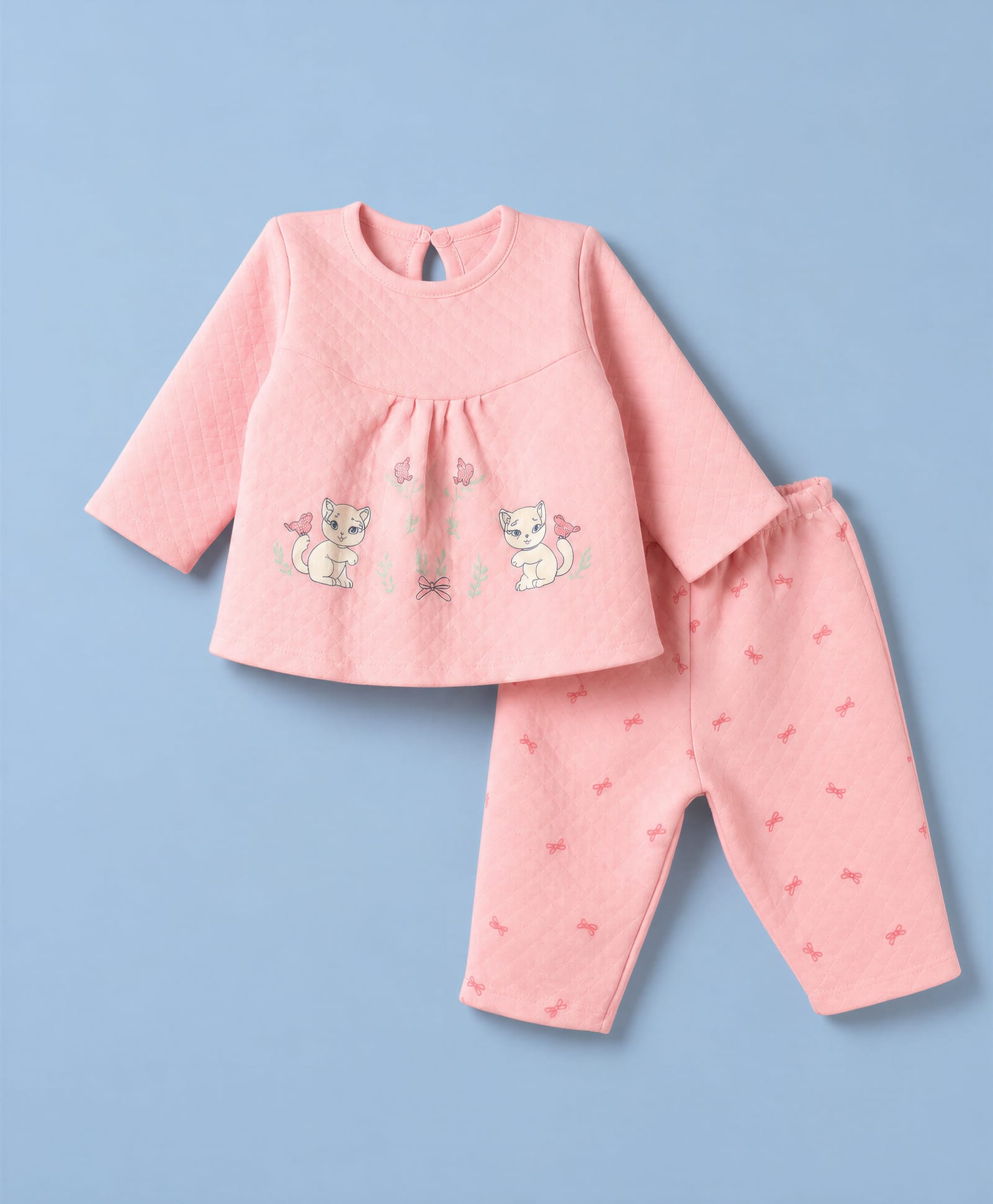 Tango Knit Full Sleeves Top & Pyjama Winter Wear Night Suit with Cat & Bow Print - Pink-image-30
