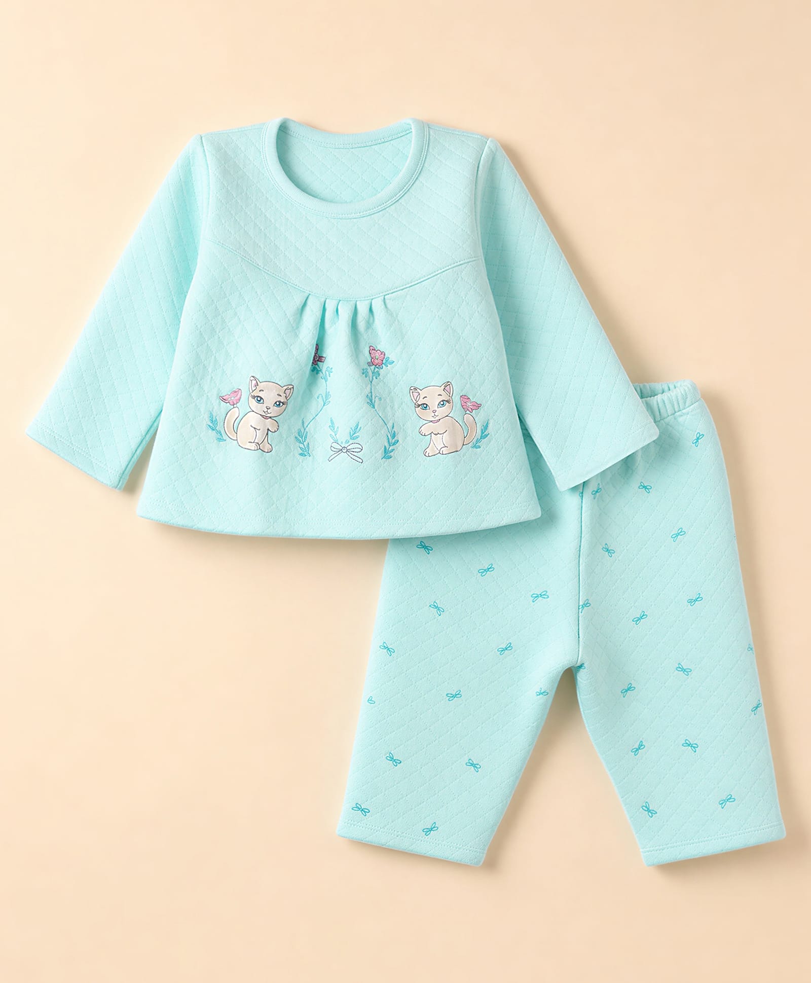 Tango Knit Full Sleeves Top & Pyjama Winter Wear Night Suit with Cat & Bow Print - Aqua Blue-picture-41