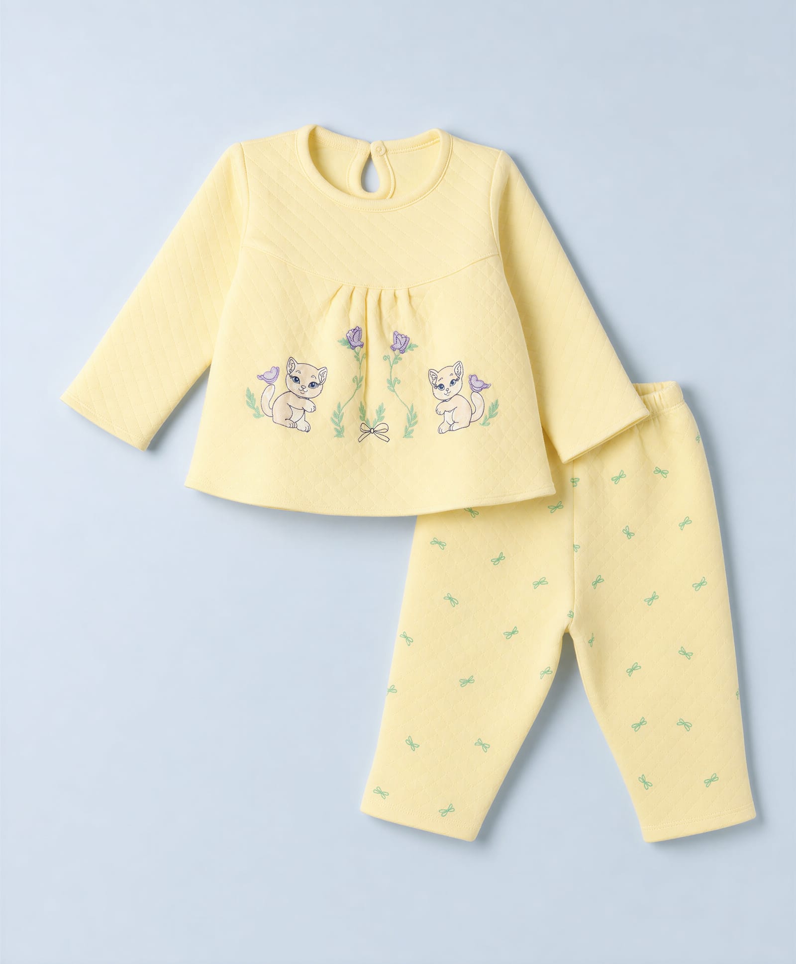 Tango Knit Full Sleeves Top & Pyjama Winter Wear Night Suit with Cat & Bow Print - Yellow-image-3