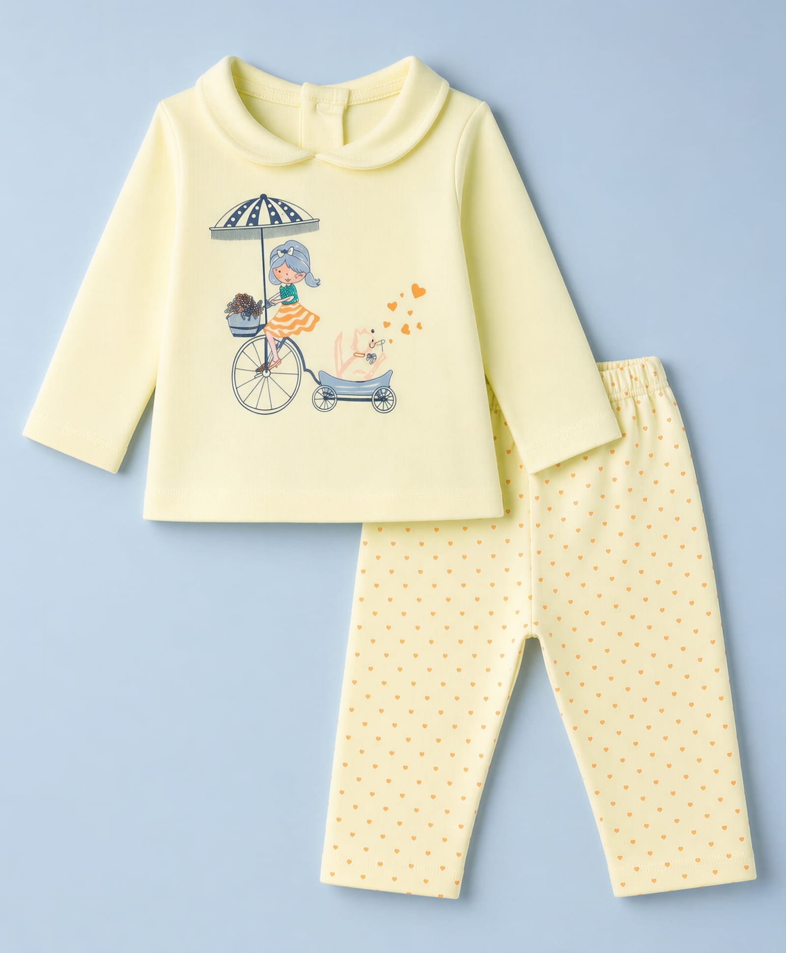 Tango Interlock Knit Full Sleeves T-Shirt & Pyjama Night Wear Night Suit with Bicycle & Heart Print - Yellow-picture-33