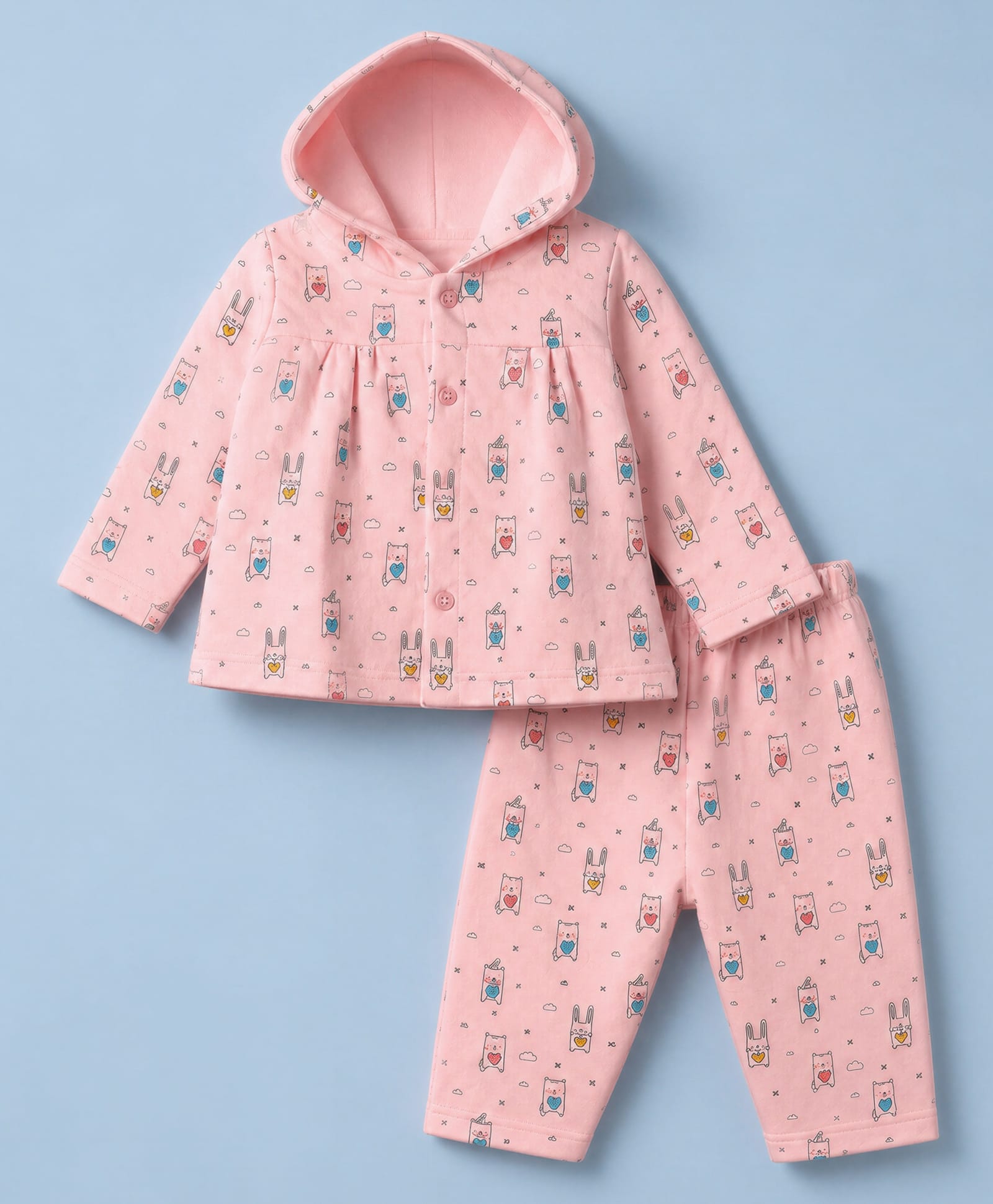 Tango Knit Full Sleeves Co-Ords Hooded T-Shirt & Pyjama Winter Wear Night Suit with Animal Print - Pink-picture-10