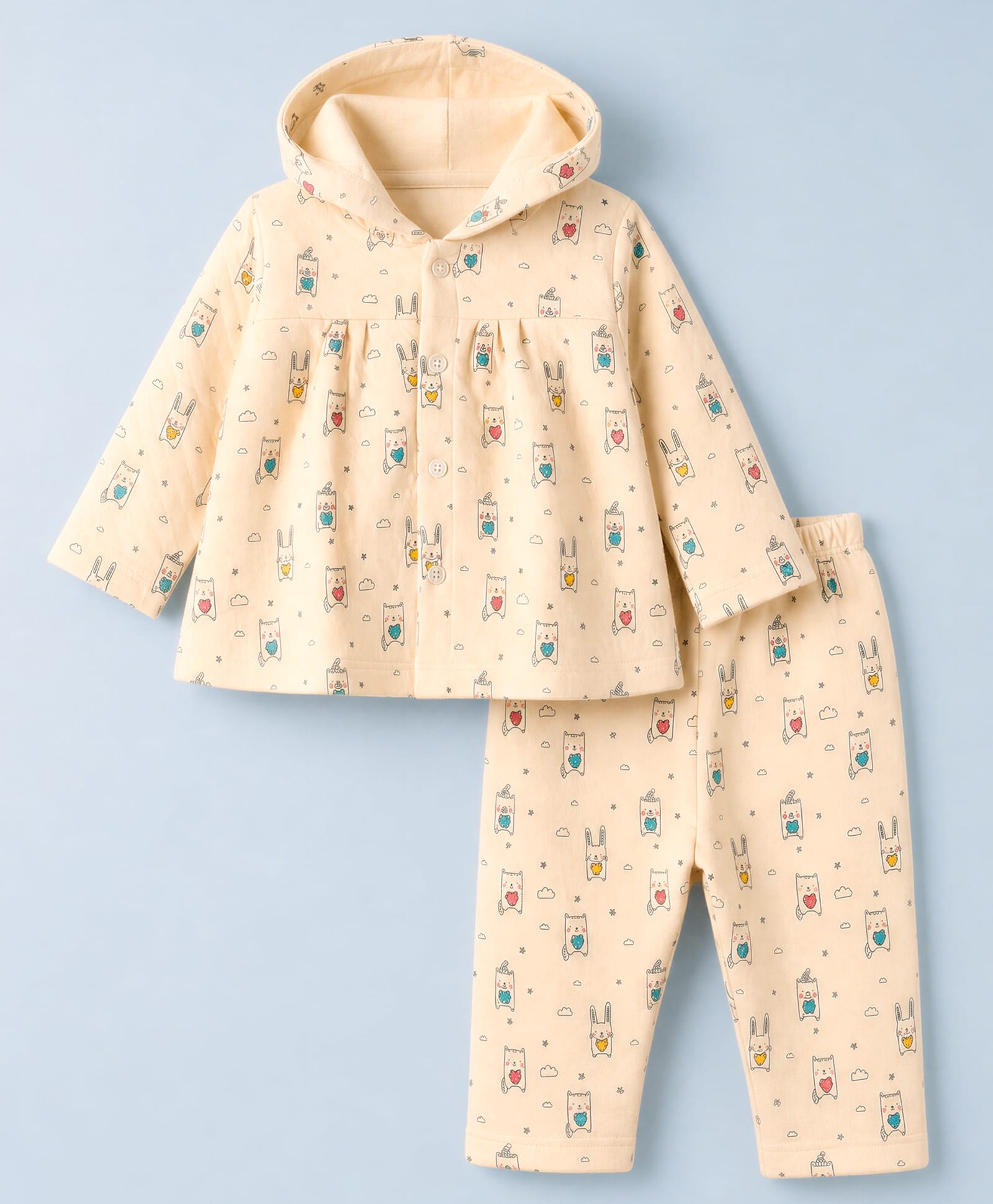 Tango Knit Full Sleeves Co-Ords Hooded T-Shirt & Pyjama Winter Wear Night Suit with Animal Print - Cream-picture-20