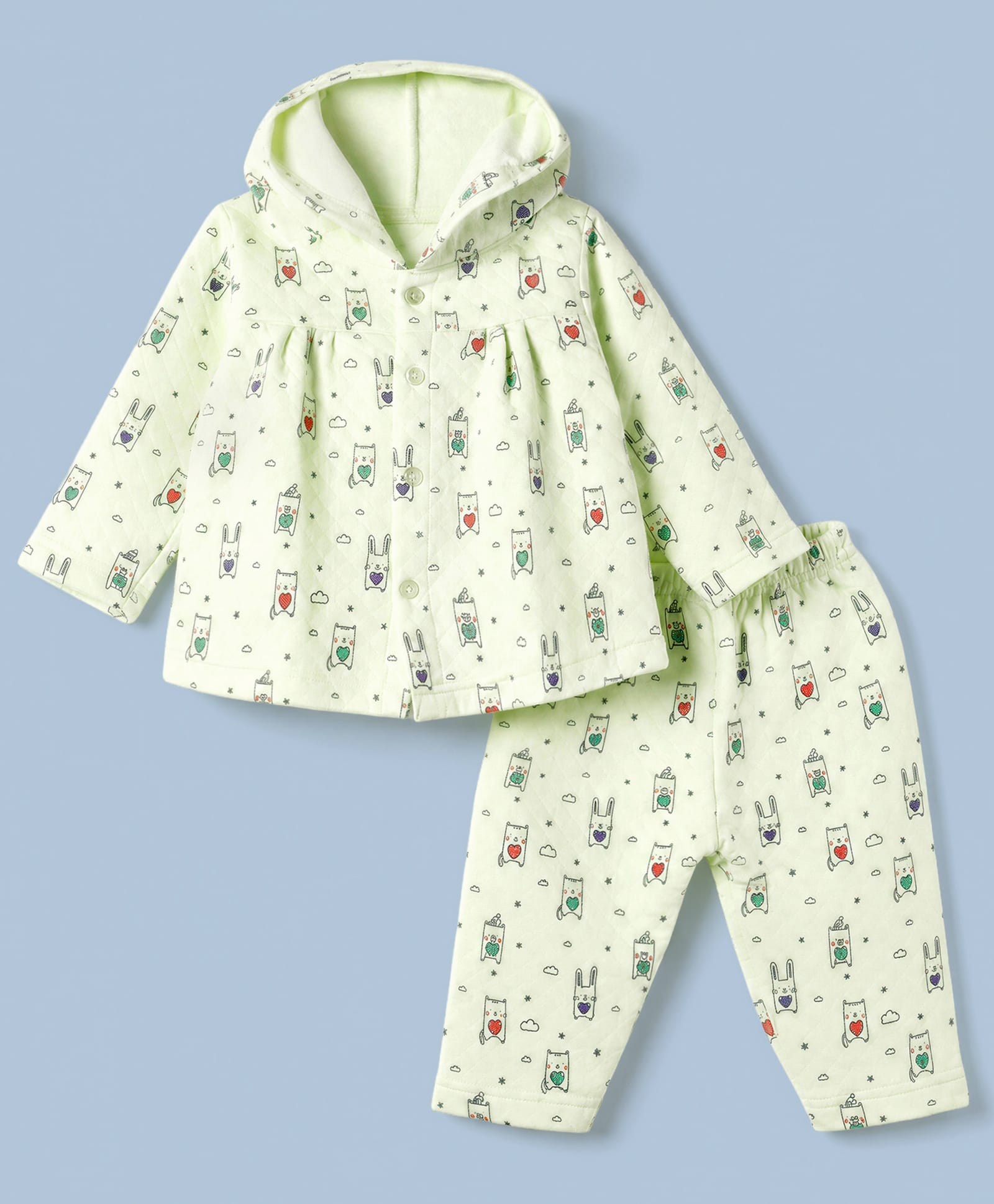 Tango Knit Full Sleeves Co-Ords Hooded T-Shirt & Pyjama Winter Wear Night Suit with Animal Print - Limegreen-picture-14