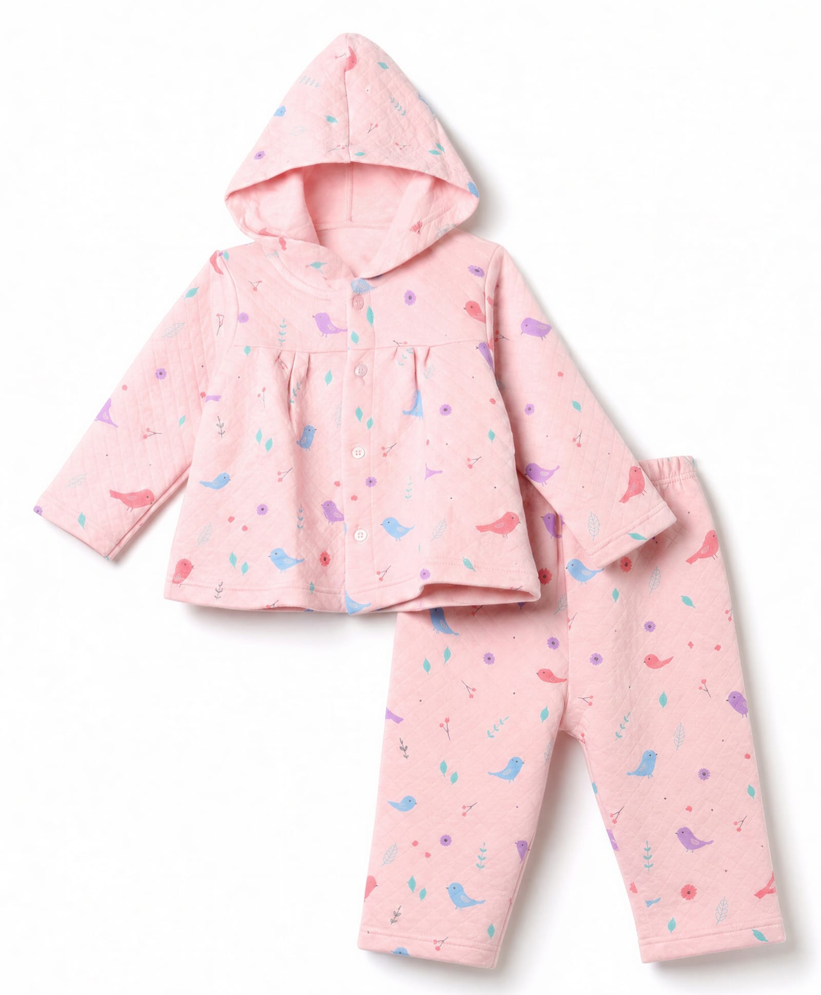Tango Knit Full Sleeves Co-Ords Hooded Quilted T-Shirt & Pyjama Winter Wear Night Suit with Bird & Floral Print - Pink-picture-37