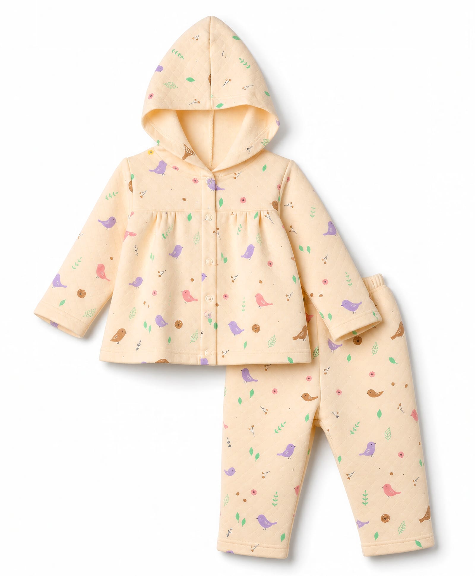 Tango Knit Full Sleeves Co-Ords Hooded Quilted T-Shirt & Pyjama Winter Wear Night Suit with Bird & Floral Print - Cream-picture-46