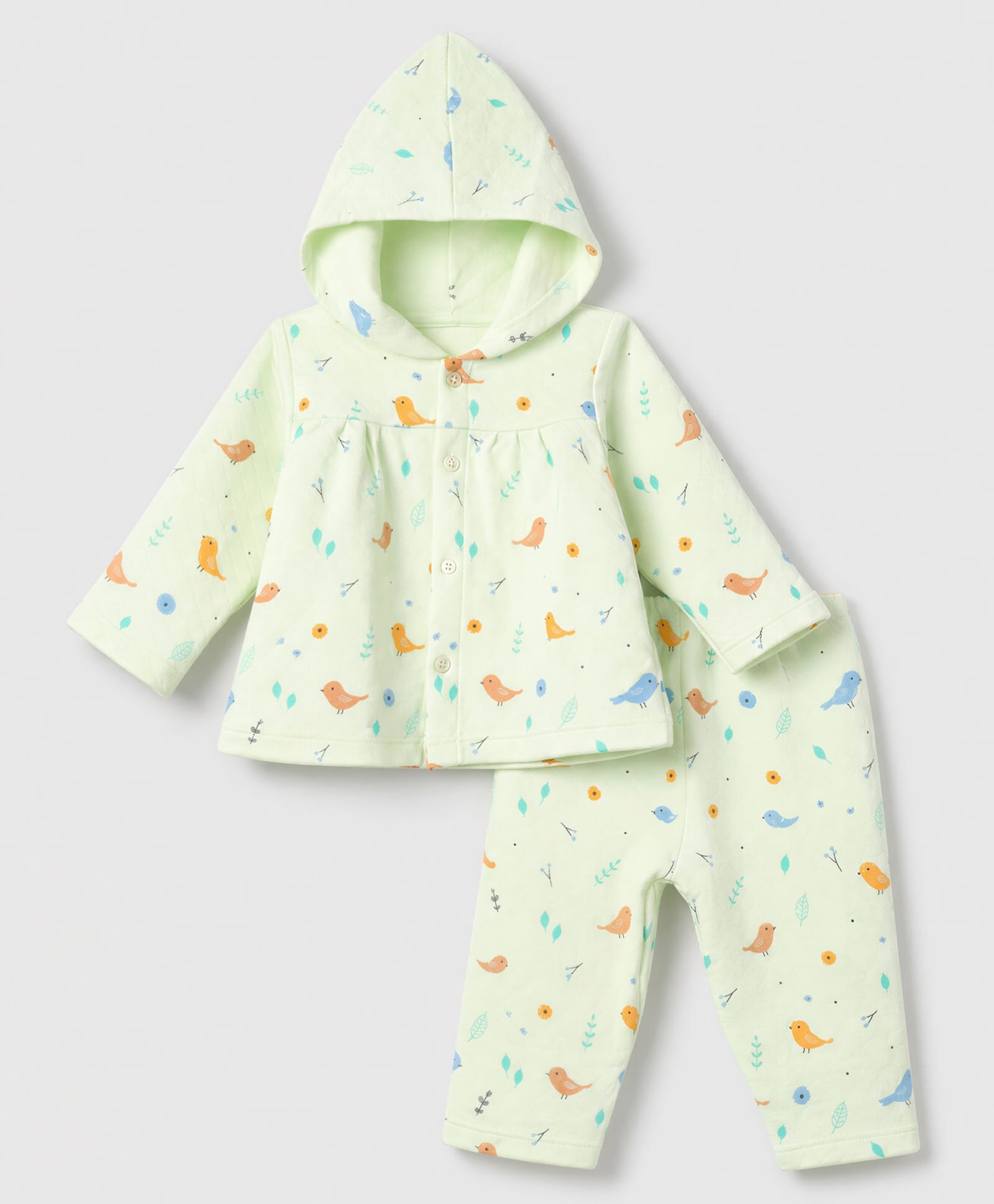 Tango Knit Full Sleeves Co-Ords Hooded Quilted T-Shirt & Pyjama Winter Wear Night Suit with Bird & Floral Print - Green-picture-11