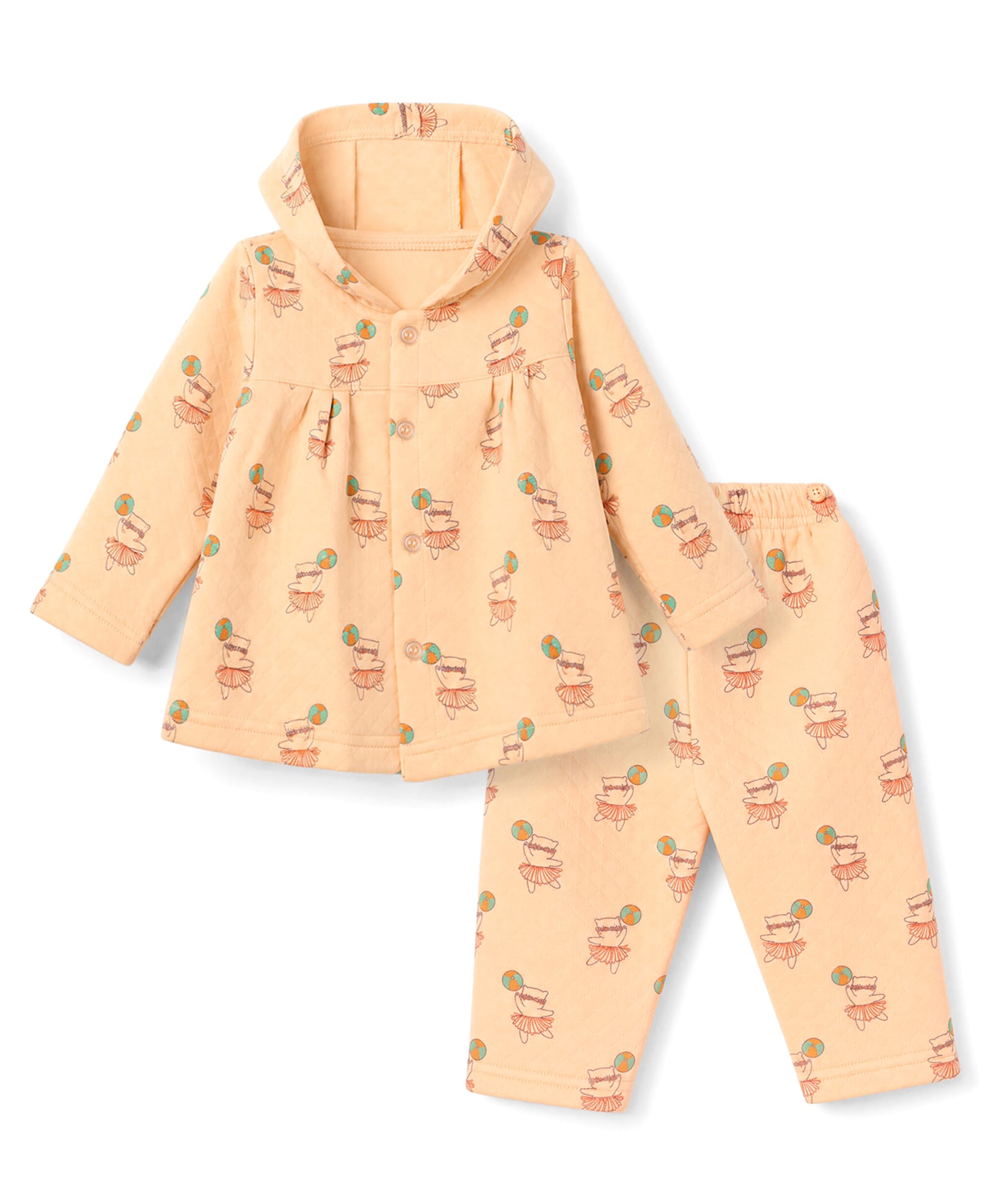 Tango Knit Full Sleeves Co-Ords Hooded Quilted T-Shirt & Pyjama Winter Wear Night Suit with Animal Print - Orange-picture-15