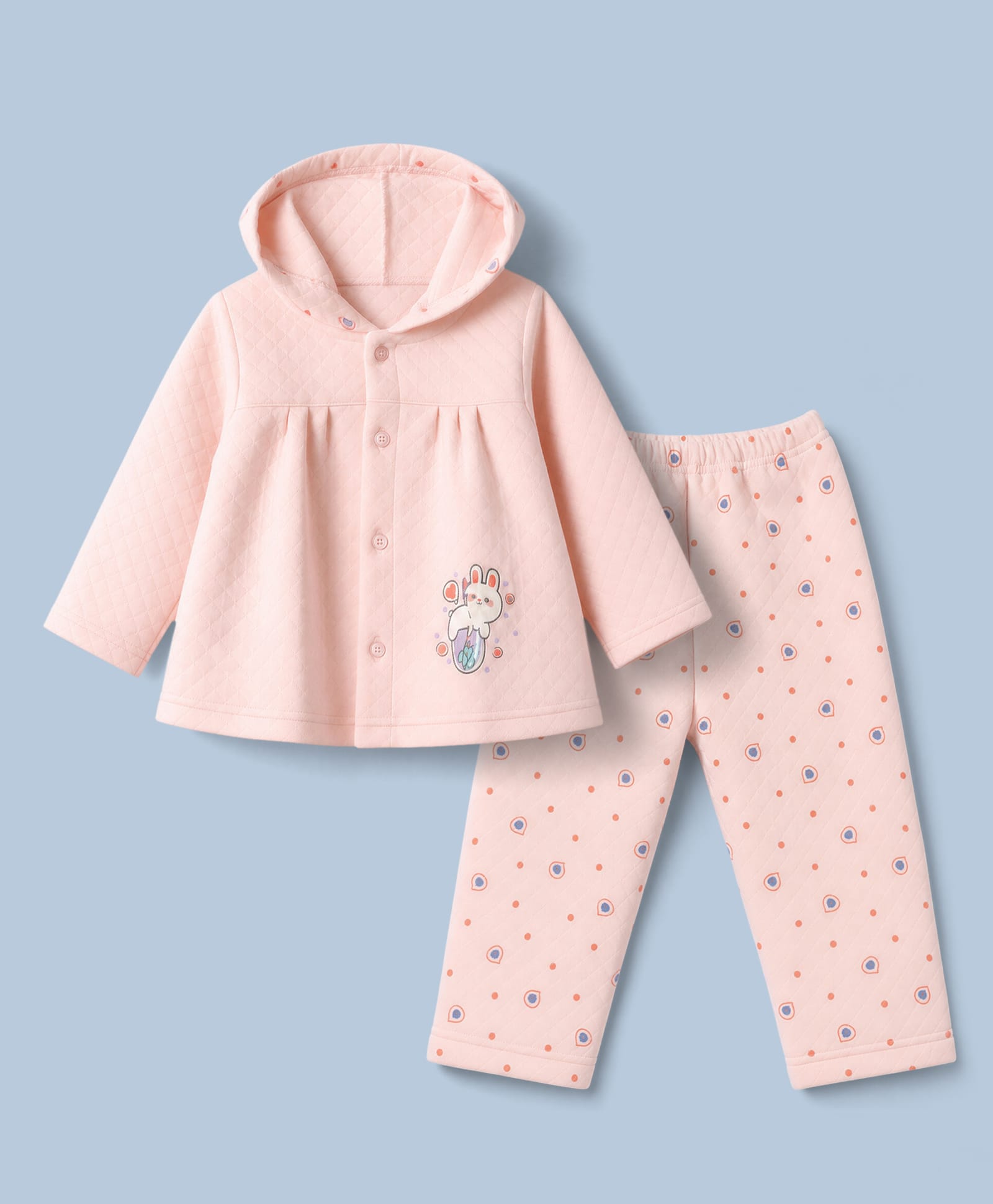 Tango Knit Full Sleeves Hooded Quilted T-Shirt & Pyjama Winter Wear Night Suit with Bunny Print - Pink-picture-30