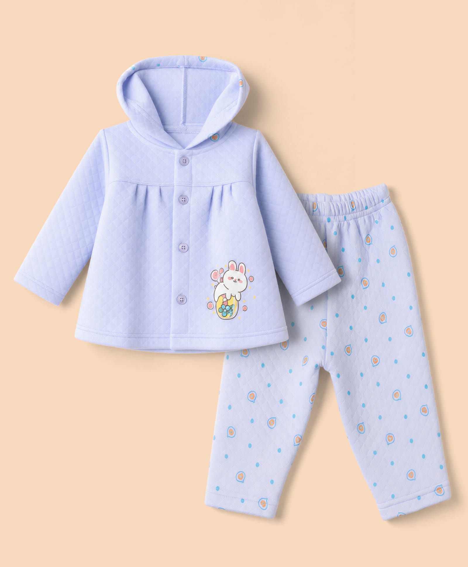 Tango Knit Full Sleeves Hooded Quilted T-Shirt & Pyjama Winter Wear Night Suit with Bunny Print - Light Blue-picture-45