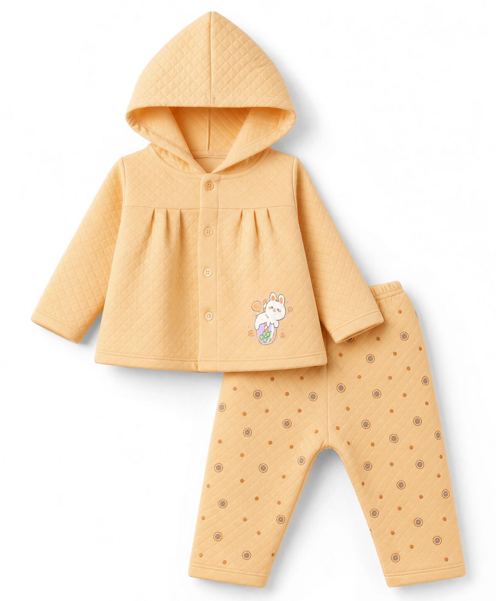 Tango Knit Full Sleeves Hooded Quilted T-Shirt & Pyjama Winter Wear Night Suit with Bunny Print - Golden-picture-32