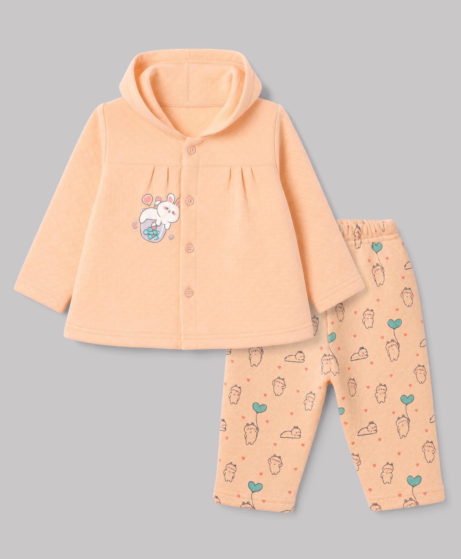 Tango Knit Full Sleeves Hooded Quilted T -Shirt & Pyjama Winter Wear Night Suit with Bunny Print - Peach-picture-45