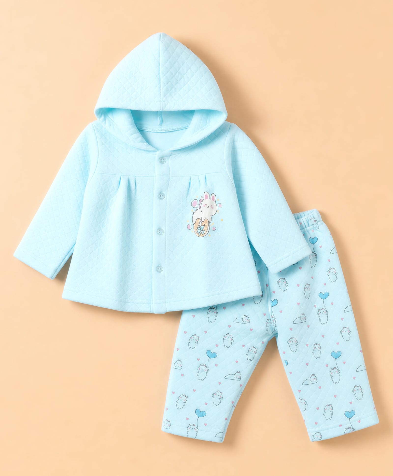 Tango Knit Full Sleeves Hooded Quilted T-Shirt & Pyjama Winter Wear Night Suit with Bunny Print - Aqua Blue-picture-18