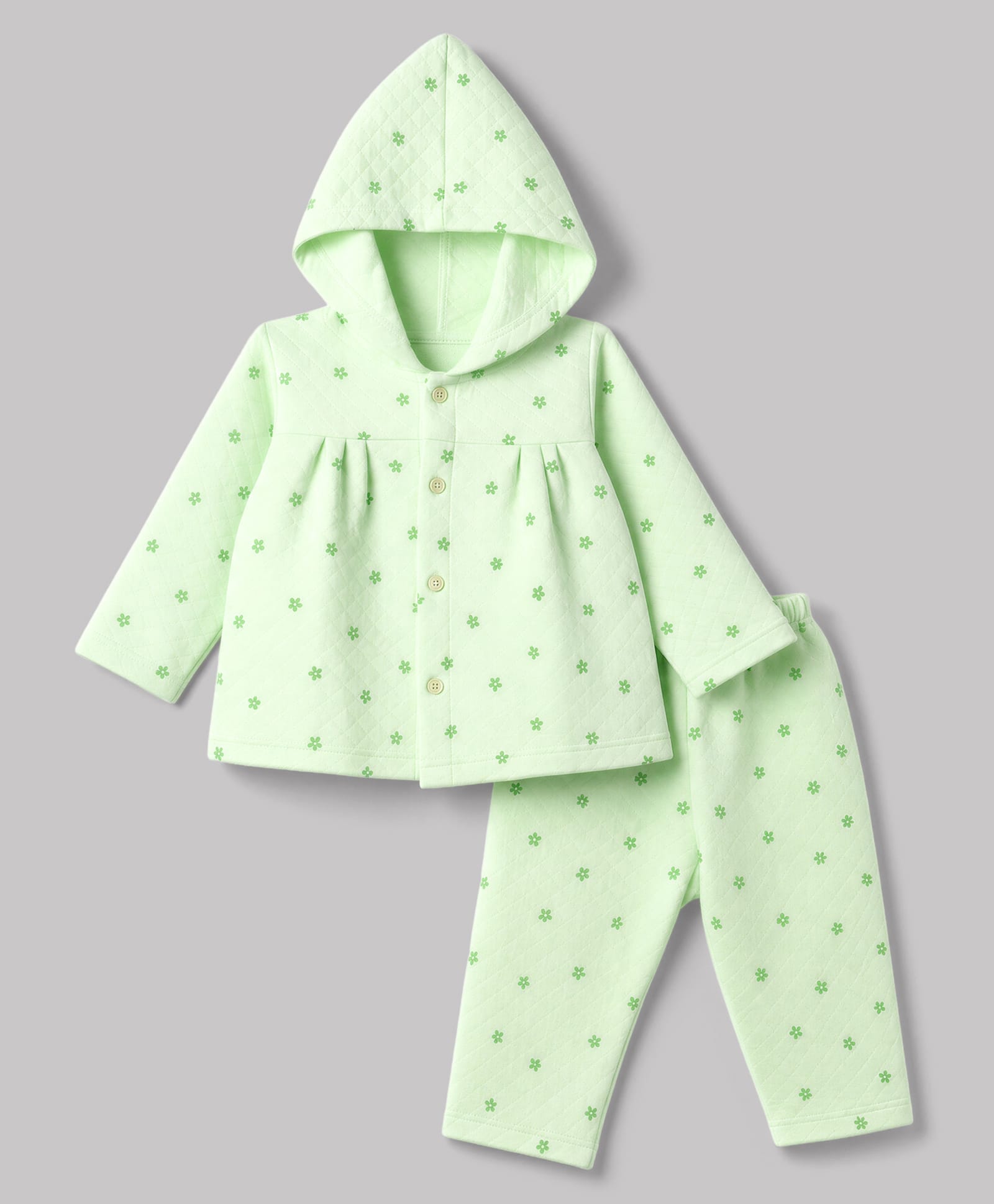 Tango Knit Full Sleeves Co-Ords Hooded Quilted T-Shirt & Pyjama Winter Wear Night Suit with Polka Dots Print - Light Green-image-14