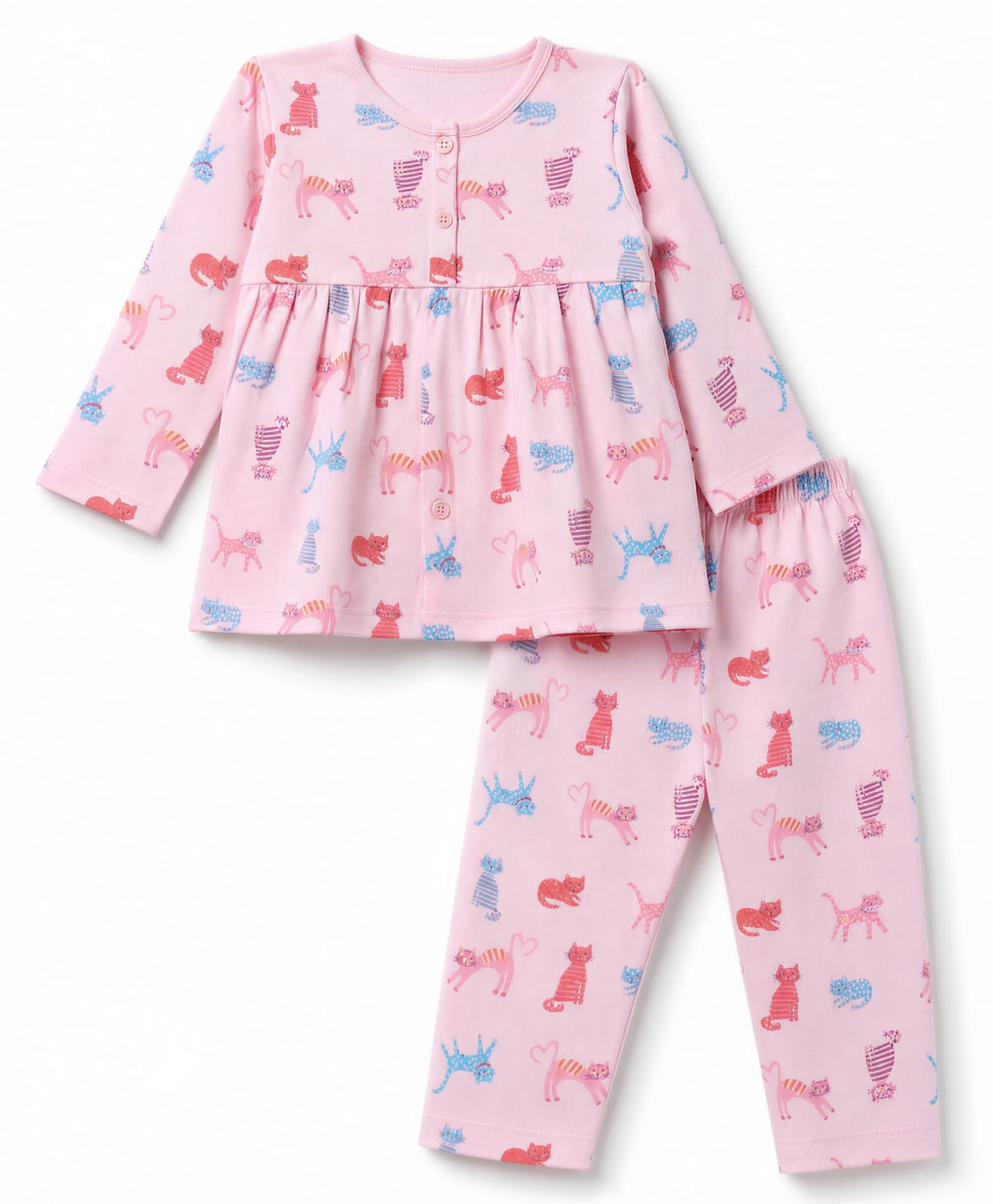 Tango Single Jersey Knit Full Sleeves Co-Ords T-Shirt & Pyjama Night Suit with Cat Print - Pink-picture-9