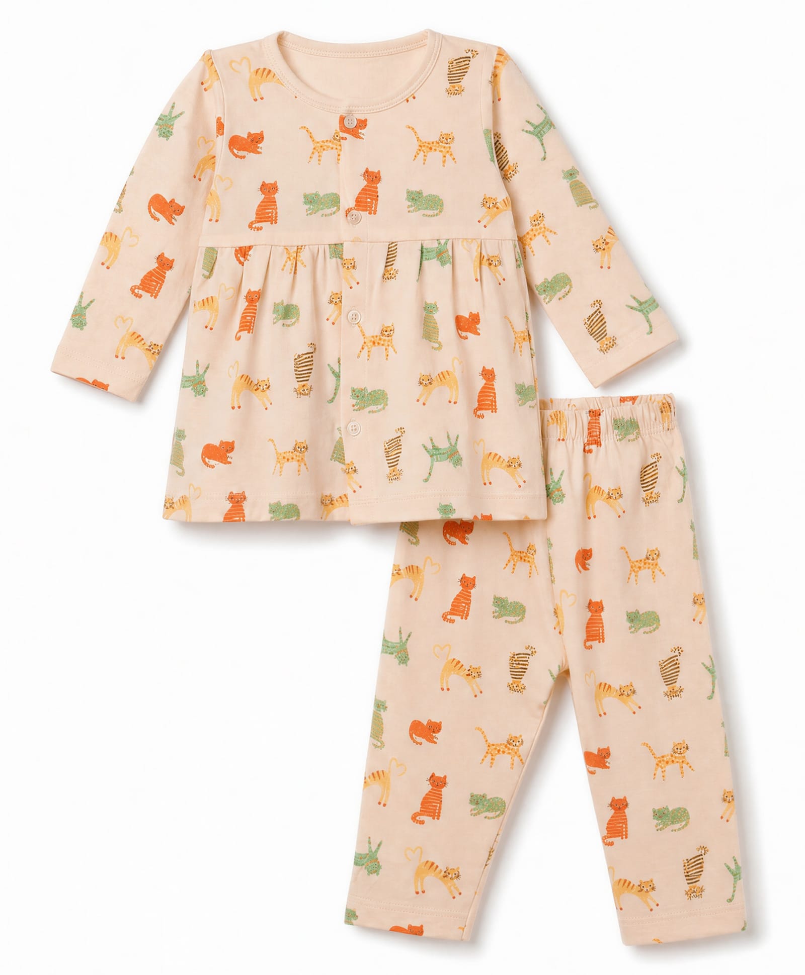 Tango Single Jersey Knit Full Sleeves Co-Ords T-Shirt & Pyjama Night Suit with Cat Print - Cream-picture-25