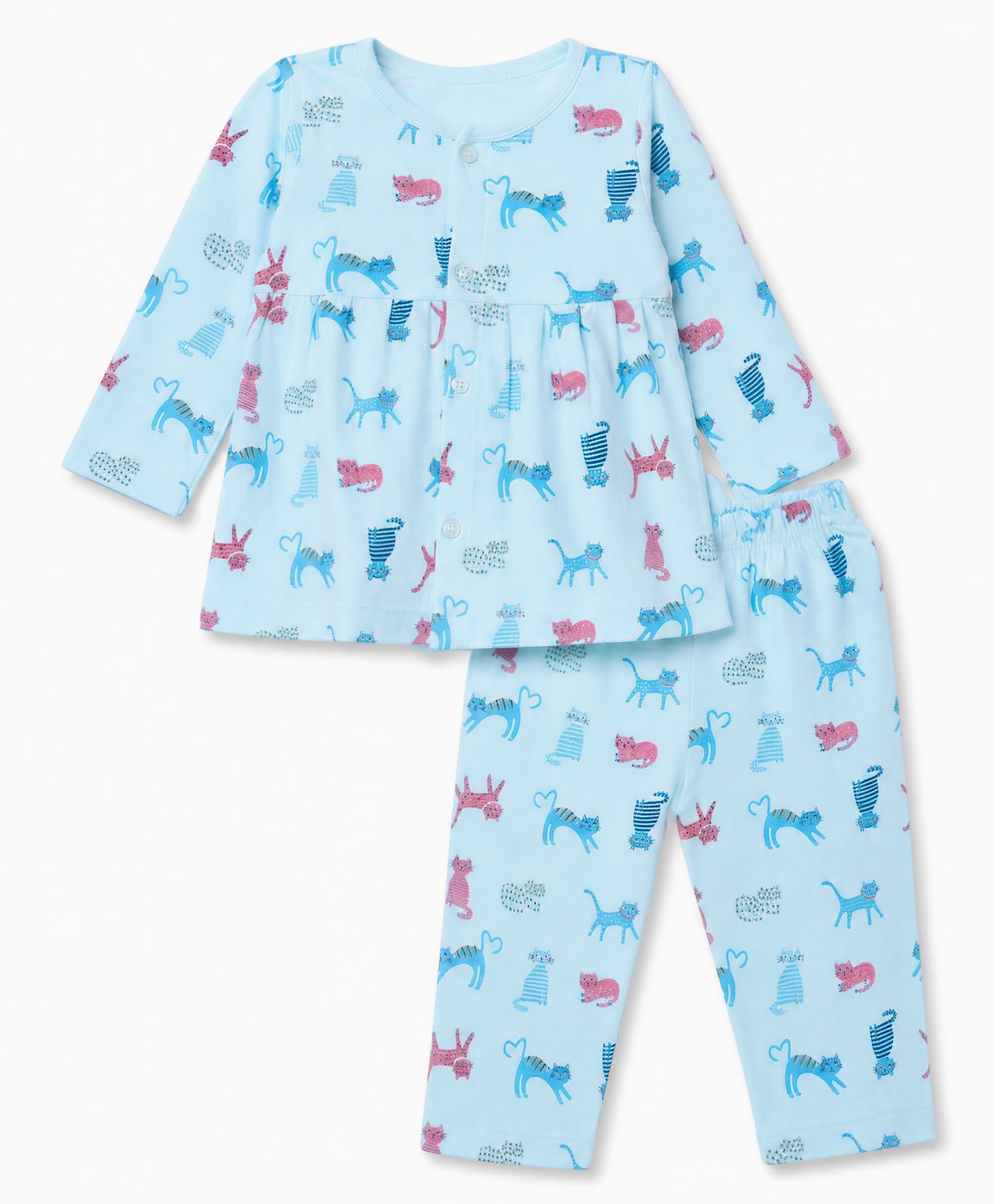 Tango Single Jersey Knit Full Sleeves Co-Ords T-Shirt & Pyjama Night Suit with Cat Print - Aqua Blue-picture-2