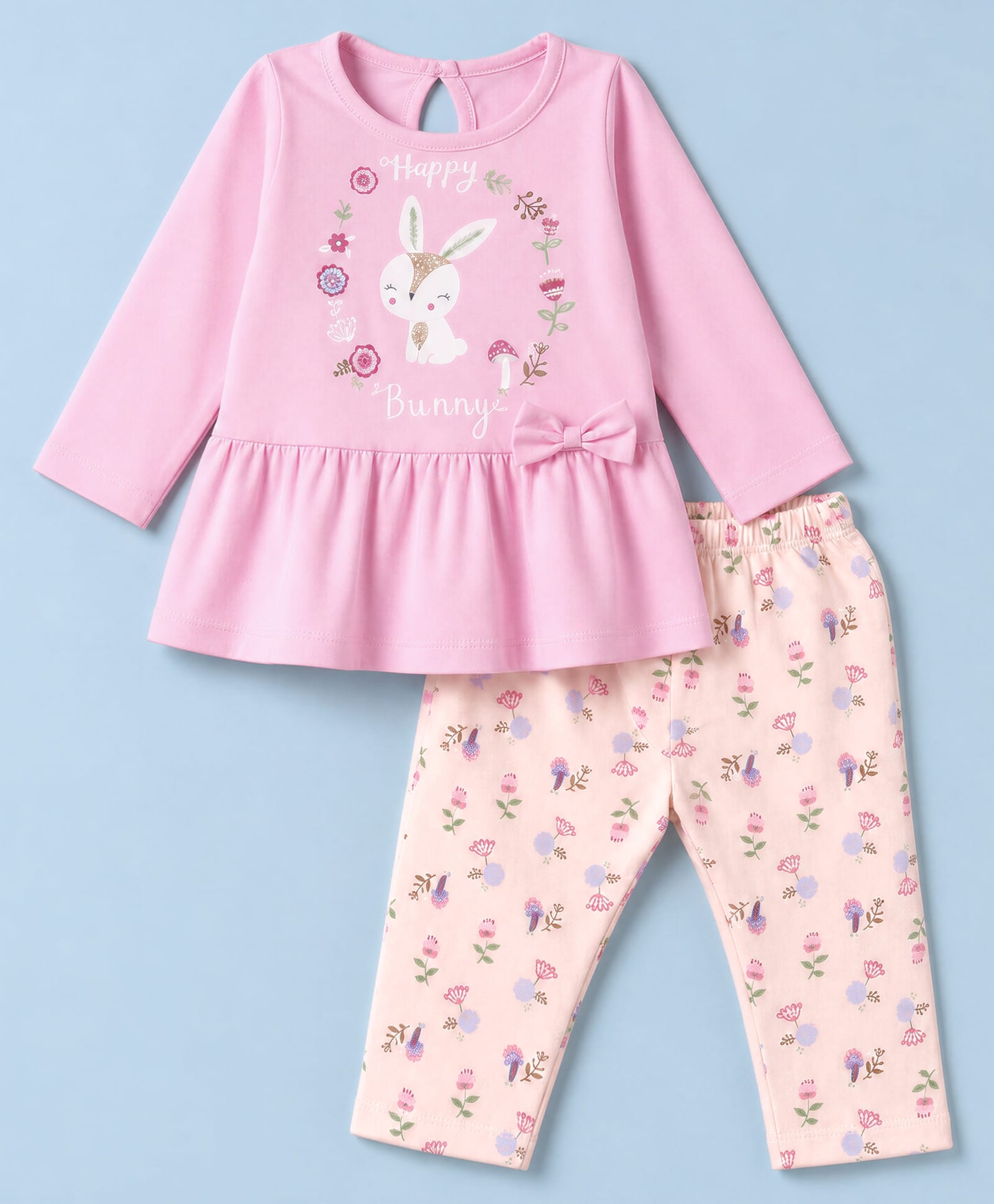 Tango Single Jersey Knit Full Sleeves Bunny & Floral Printed Frock with Leggings - Pink-picture-20