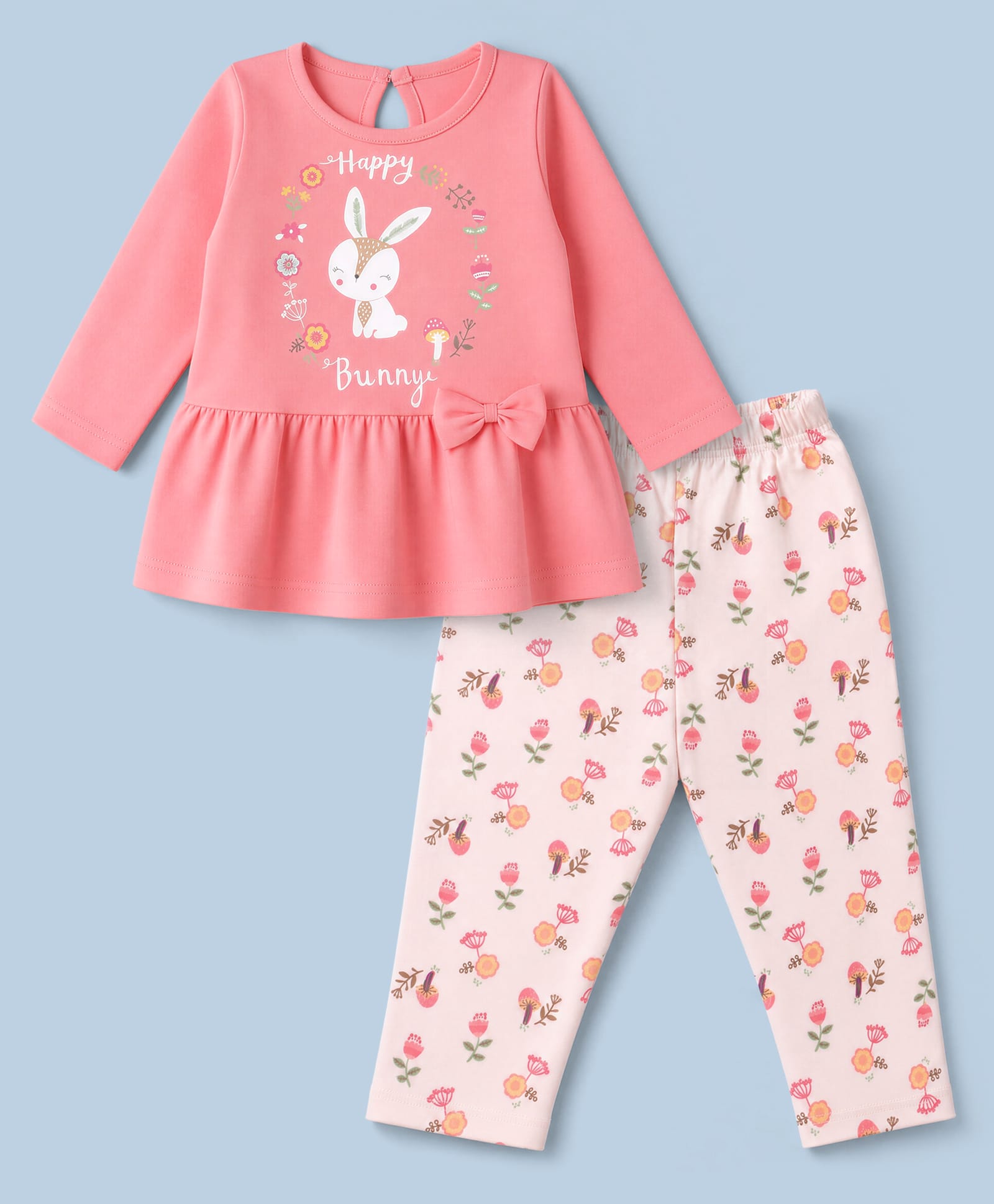 Tango Single Jersey Knit Full Sleeves Bunny & Floral Printed Frock with Leggings - Coral-picture-25