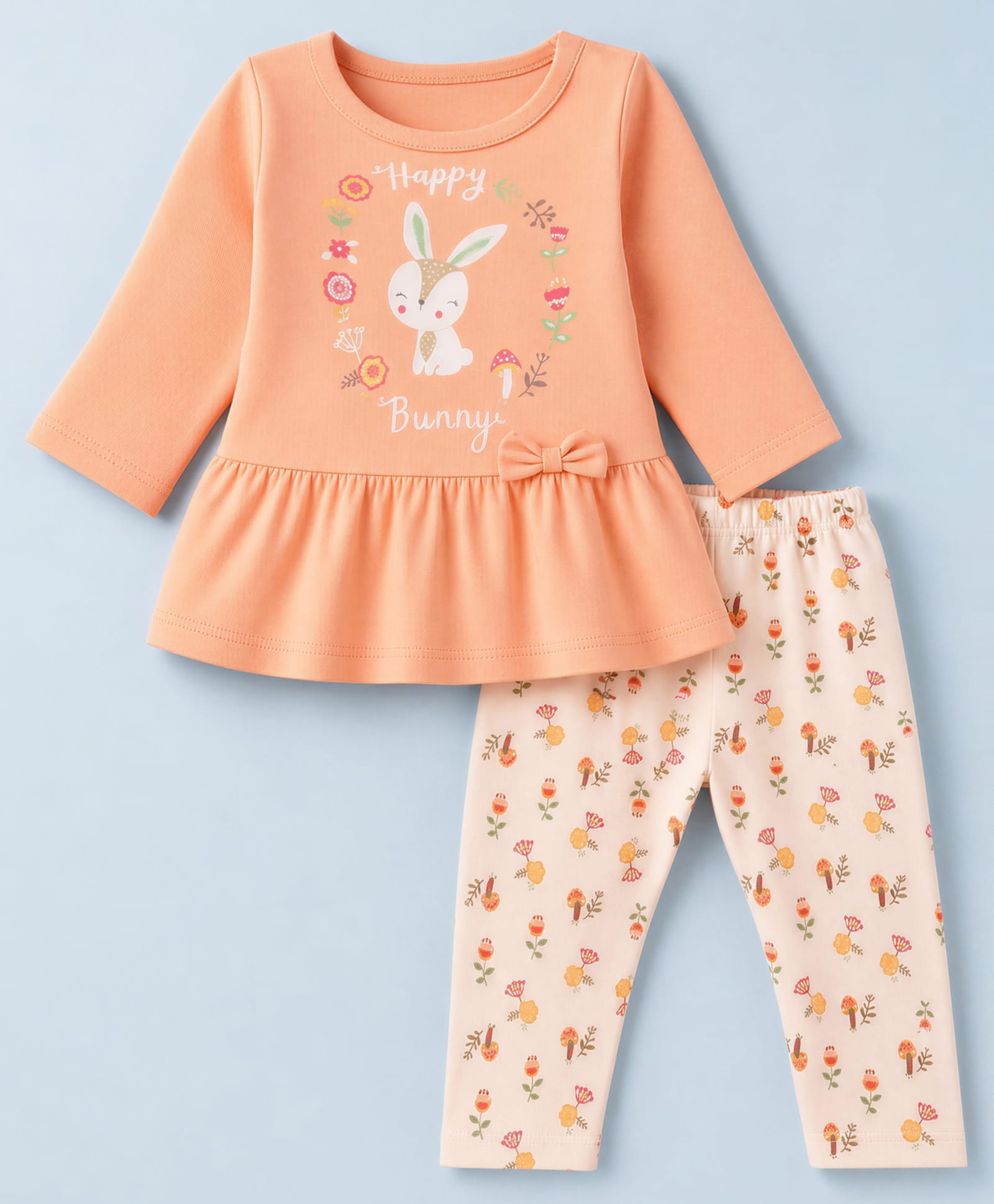 Tango Single Jersey Knit Full Sleeves Bunny & Floral Printed Frock with Leggings - Orange-picture-18