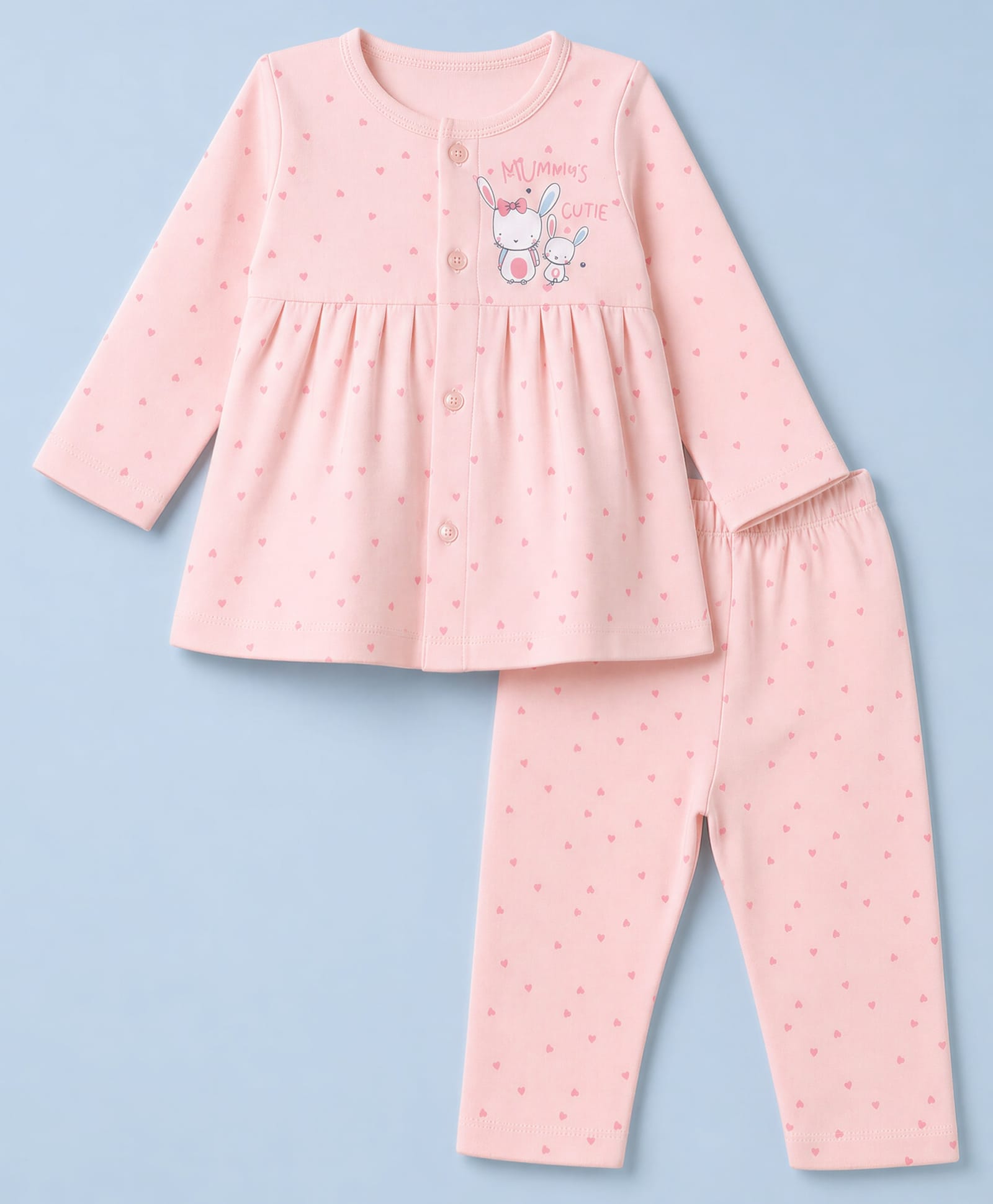 Tango Interlock Knit Full Sleeves Top & Pyjama Night Suit with Bunny & Heart Print - Light Pink-image-43
