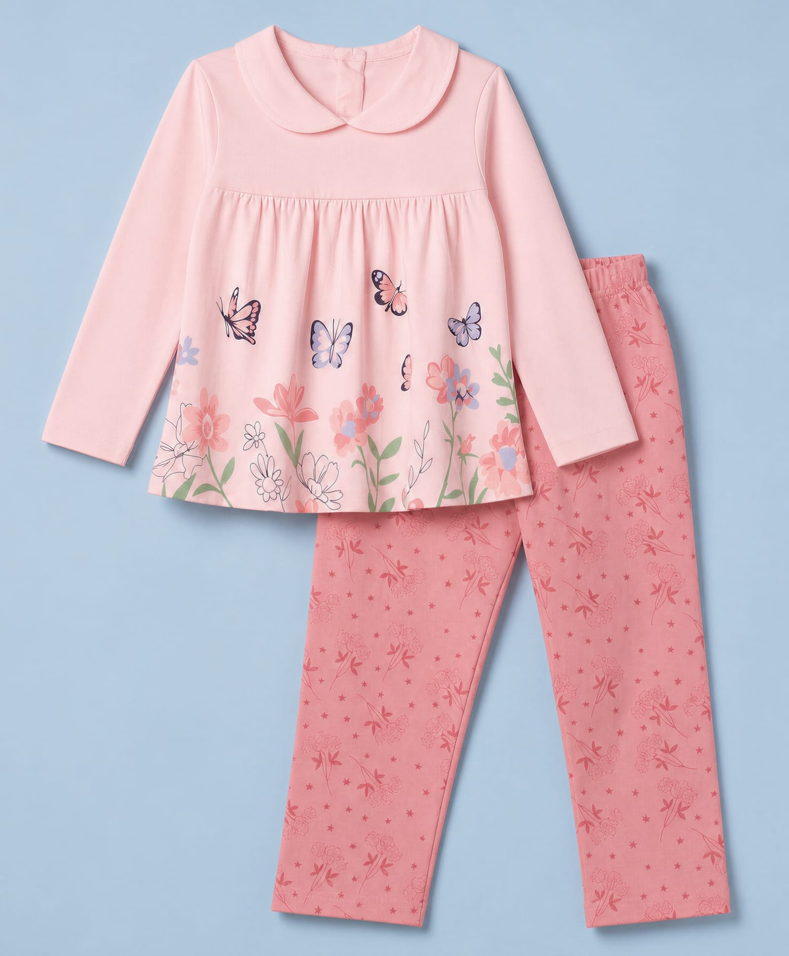 Tango Single Jersey Knit Full Sleeves Butterfly & Floral Printed Frock with Leggings - Light Peach-image-37