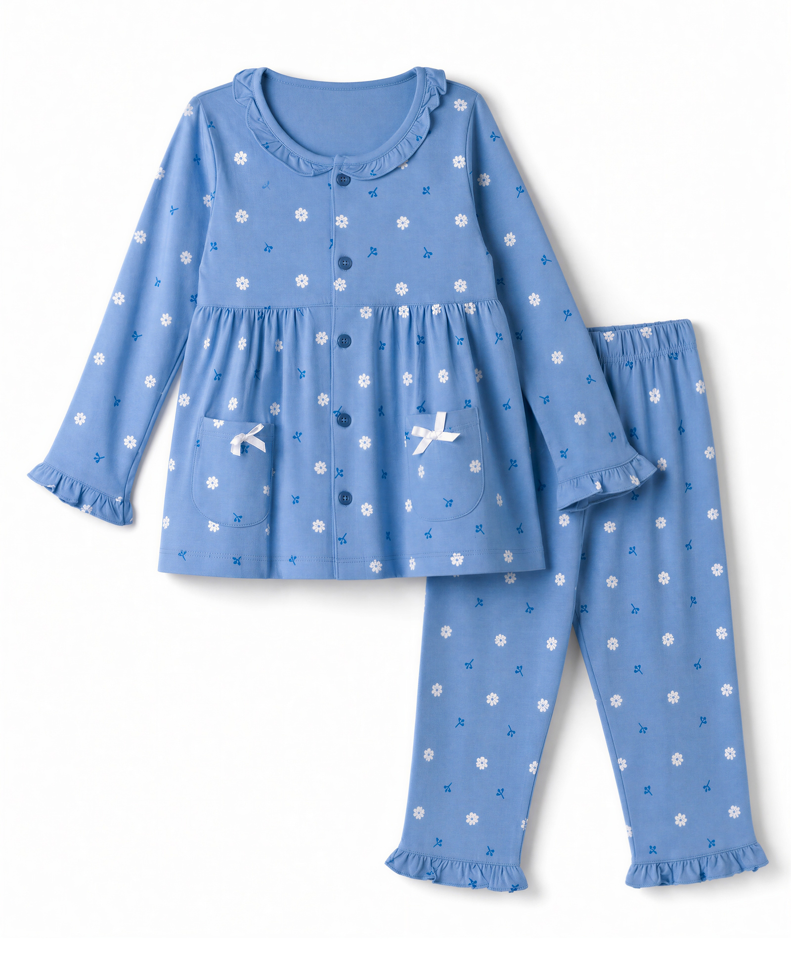 Tango Single Jersey Knit Full Sleeves Top & Pyjama Night Suit with Floral Print - Blue-picture-12