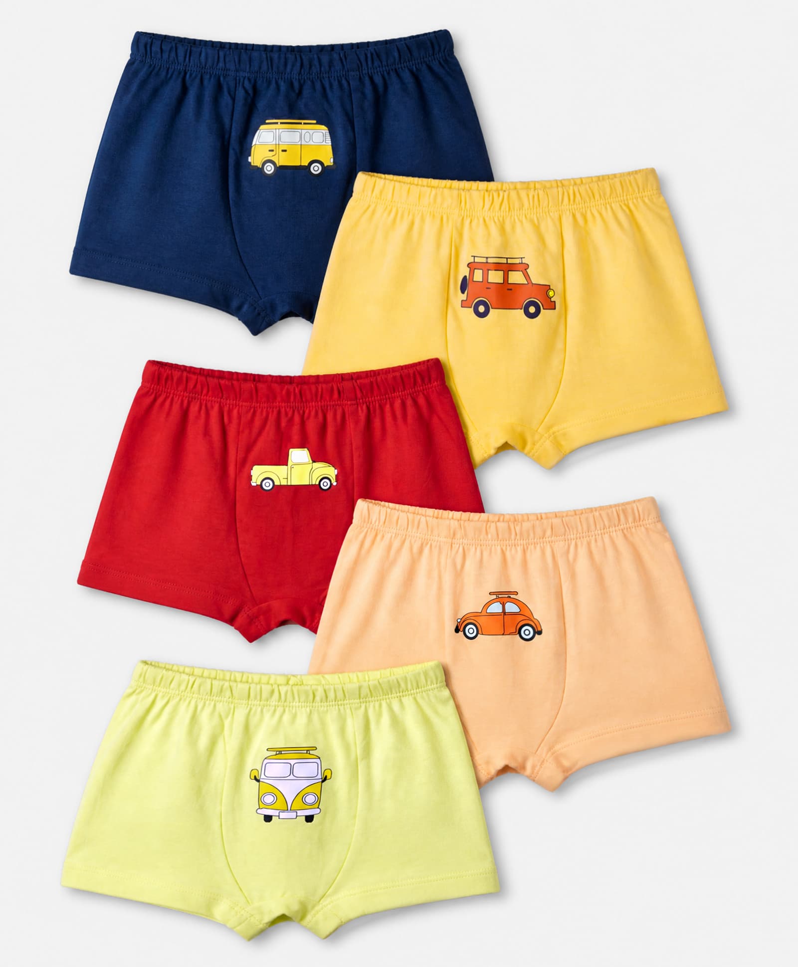 Doodle Poodle 100% Cotton Single Jersey Knit Trunks with Vehicles Pack of 5 - Yellow Red Black & Pink-picture-46