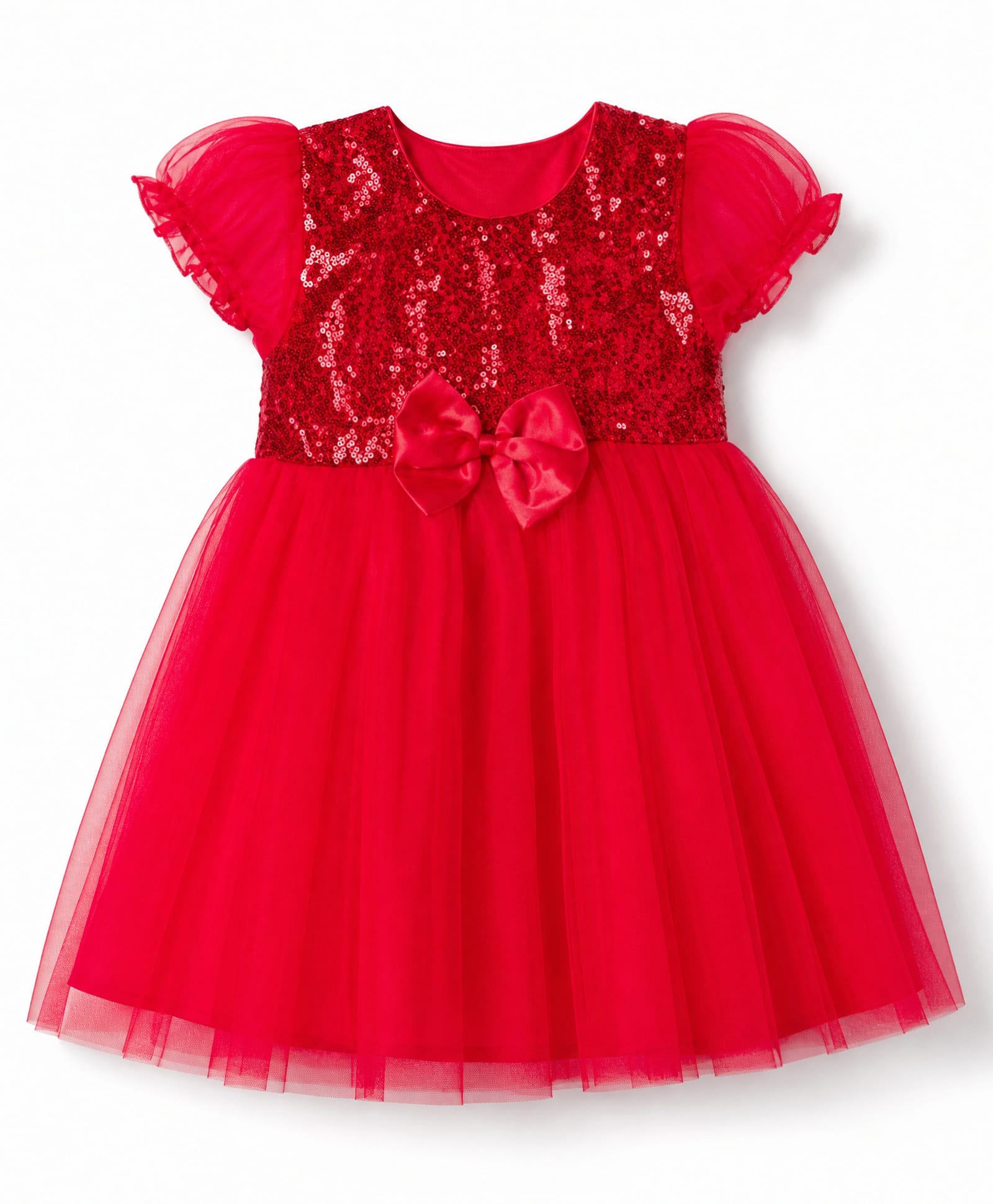 Babyhug Woven Solid Puffed Sleeves Party Dress Sequin Detailing with Bow - Red-image-46